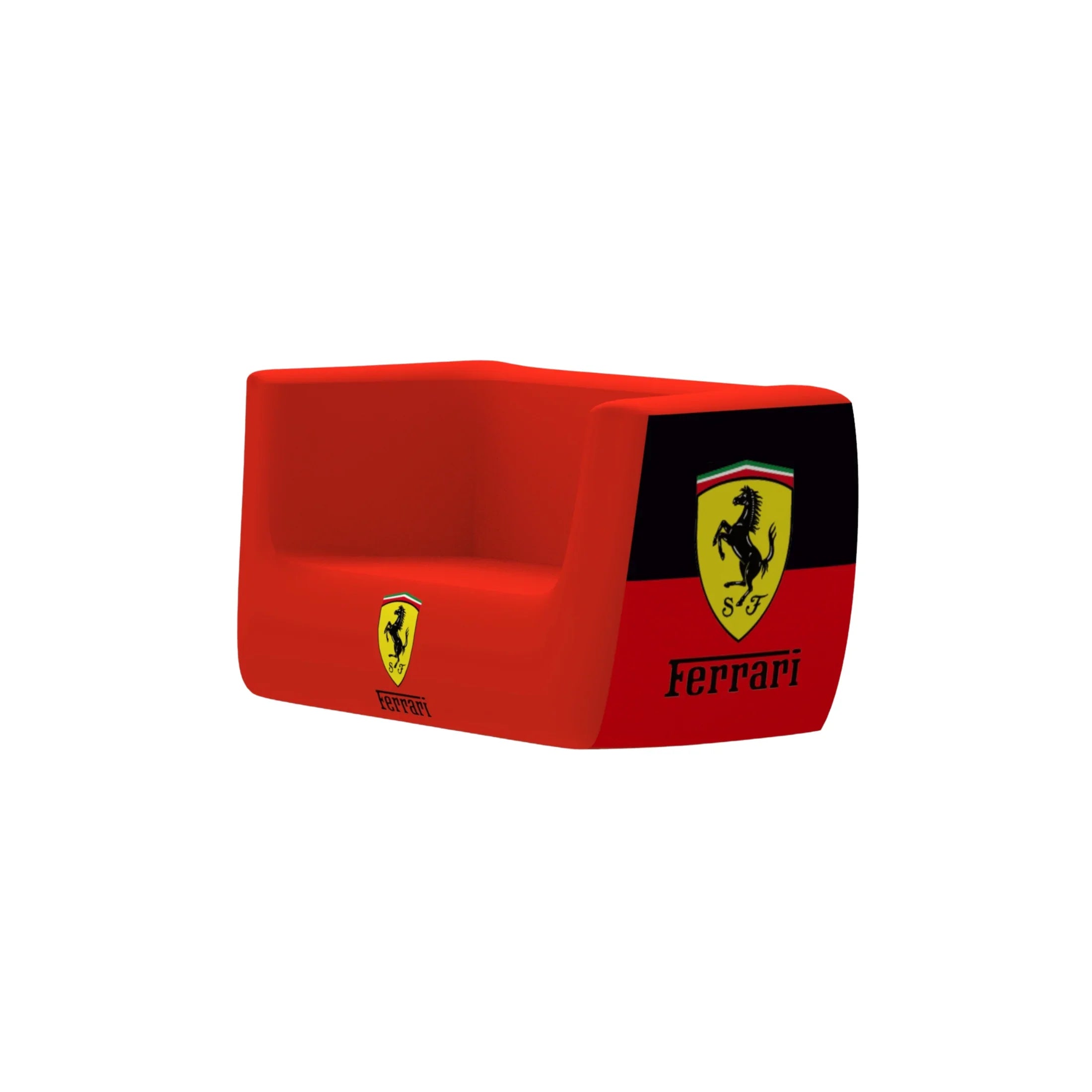 Red Ferrari-themed armchair with black and yellow prancing horse logo, modern garage decor.