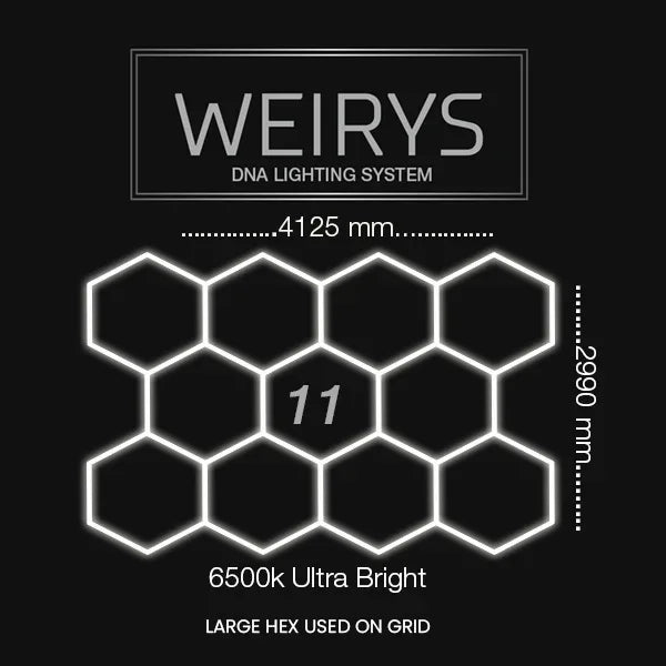 Hexagonal LED garage lighting grid diagram, 6500k ultra bright, 4125mm by 2990mm dimensions