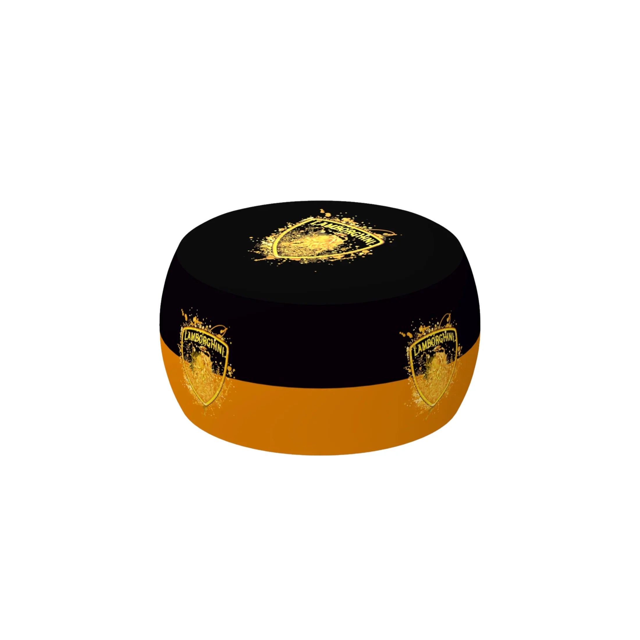Black and orange round garage stool with gold badge graphic on top and sides