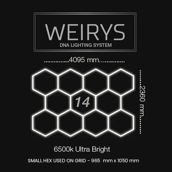 Hexagonal garage LED lighting grid, 4095x2360mm, ultra bright 6500K, 14-panel design.