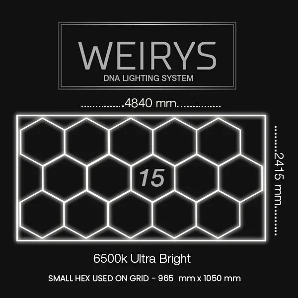 Diagram of a 15-hex grid ultra bright 6500K garage lighting system, 4840mm by 2415mm