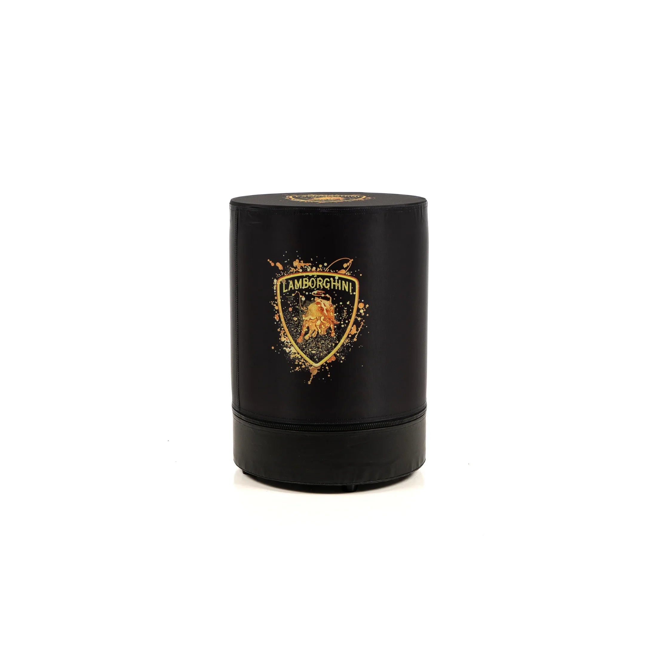Black cylindrical garage stool with gold bull crest design and zippered base