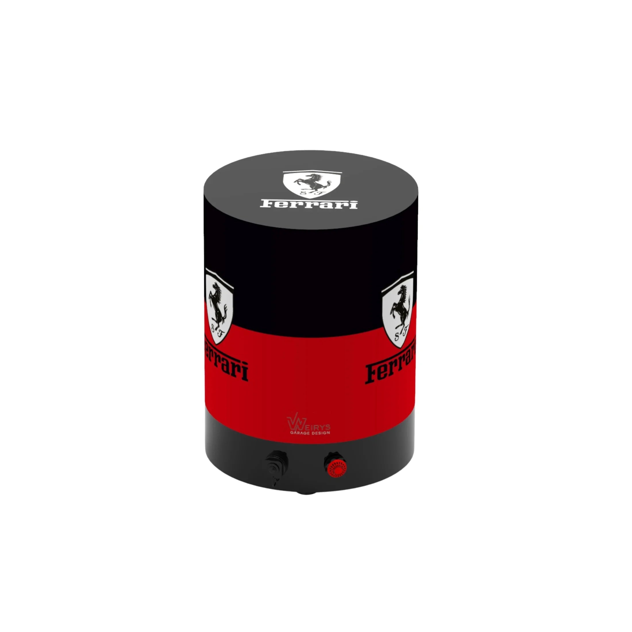 Red and black cylindrical garage equipment with Ferrari logo and control knobs, workshop accessory