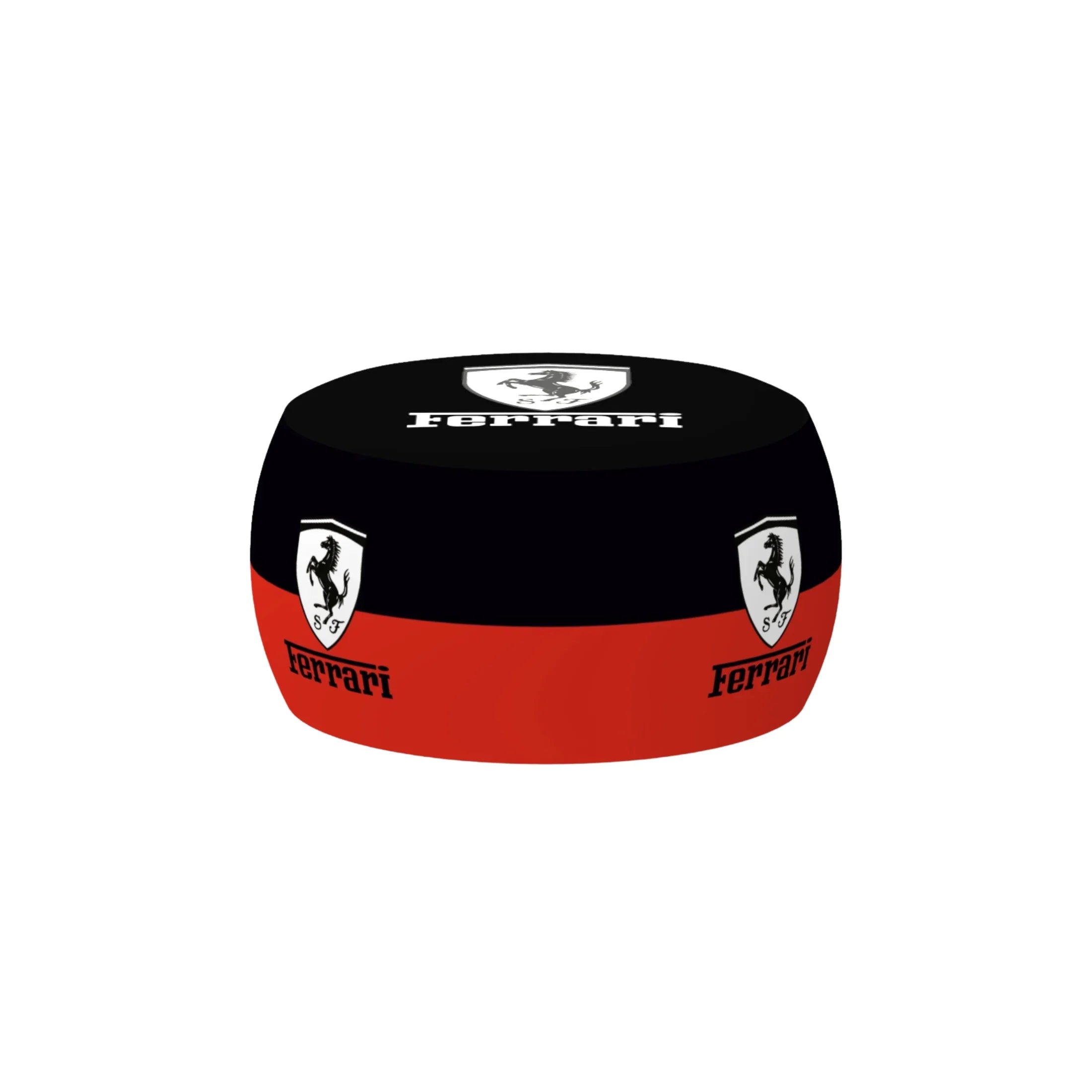 Black and red garage stool with car emblem and logo, ideal for workshop seating.