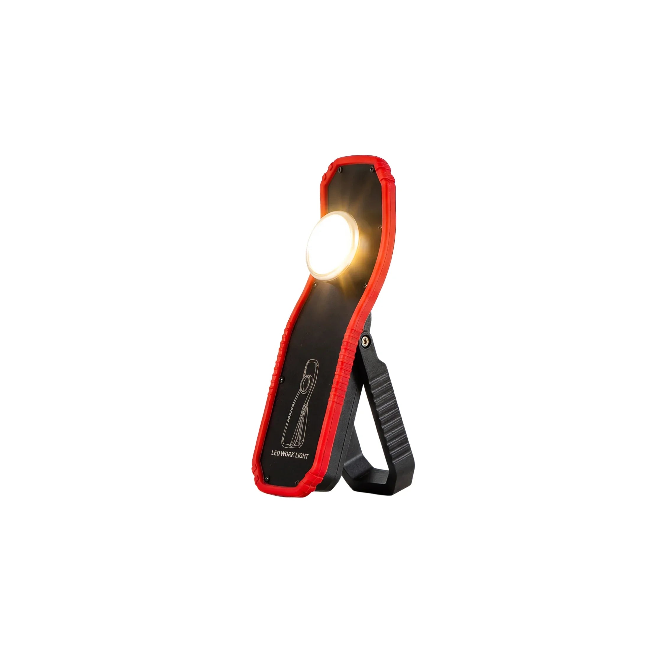 Portable LED work light with red trim and foldable stand for garage or workshop lighting