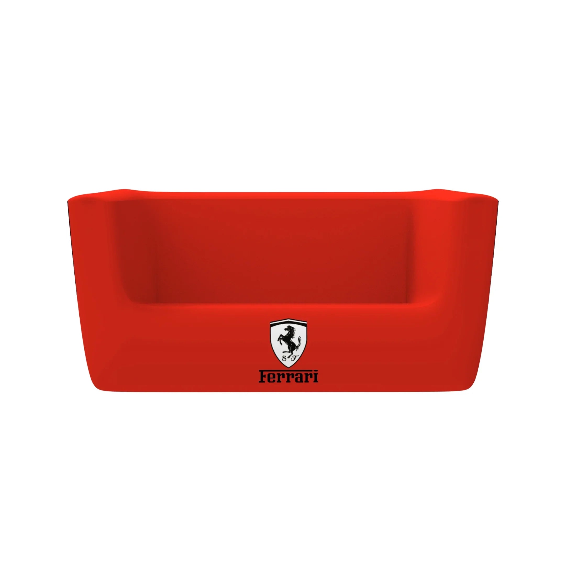 Red modern sofa with Ferrari logo, ideal for garage lounge or luxury workspace seating