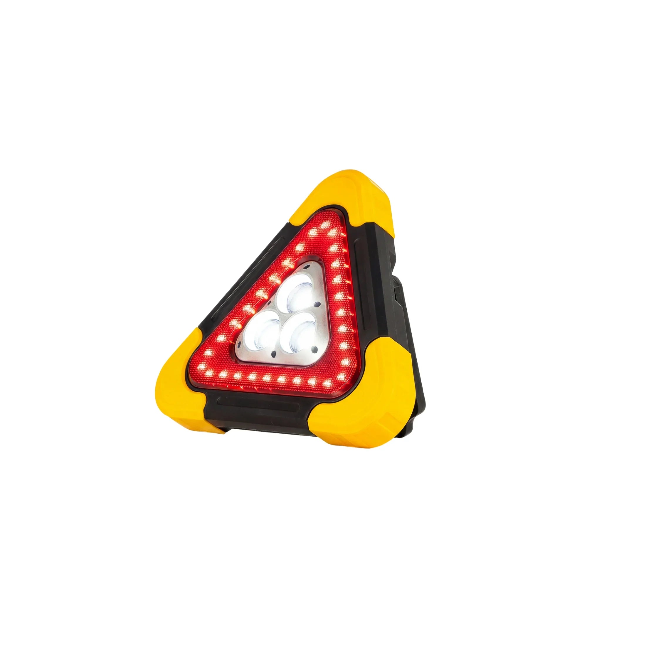 Triangular LED work light with red and white lights, yellow corners, for garage or workshop use
