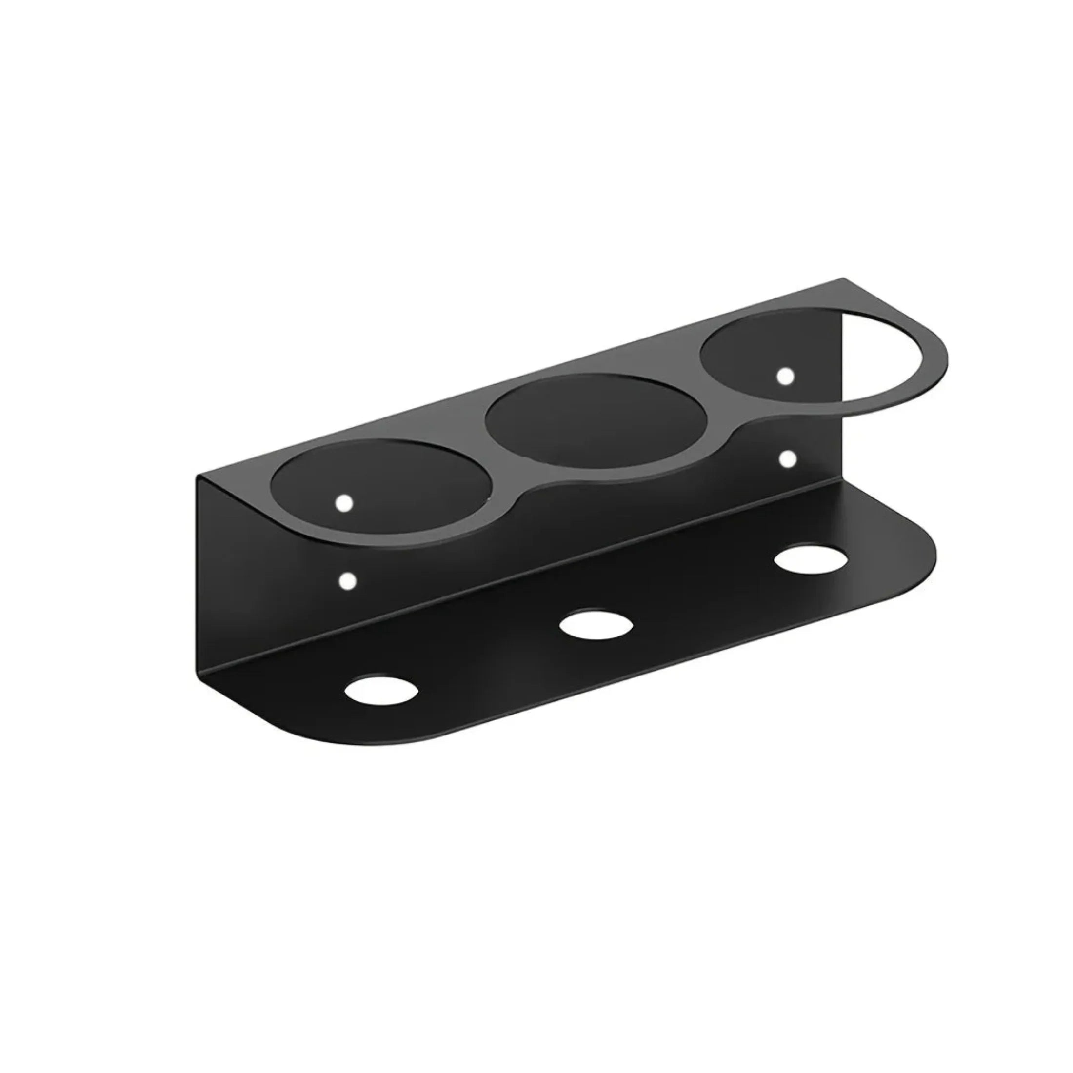 Black metal wall-mounted garage storage rack with circular cutouts for tool organization