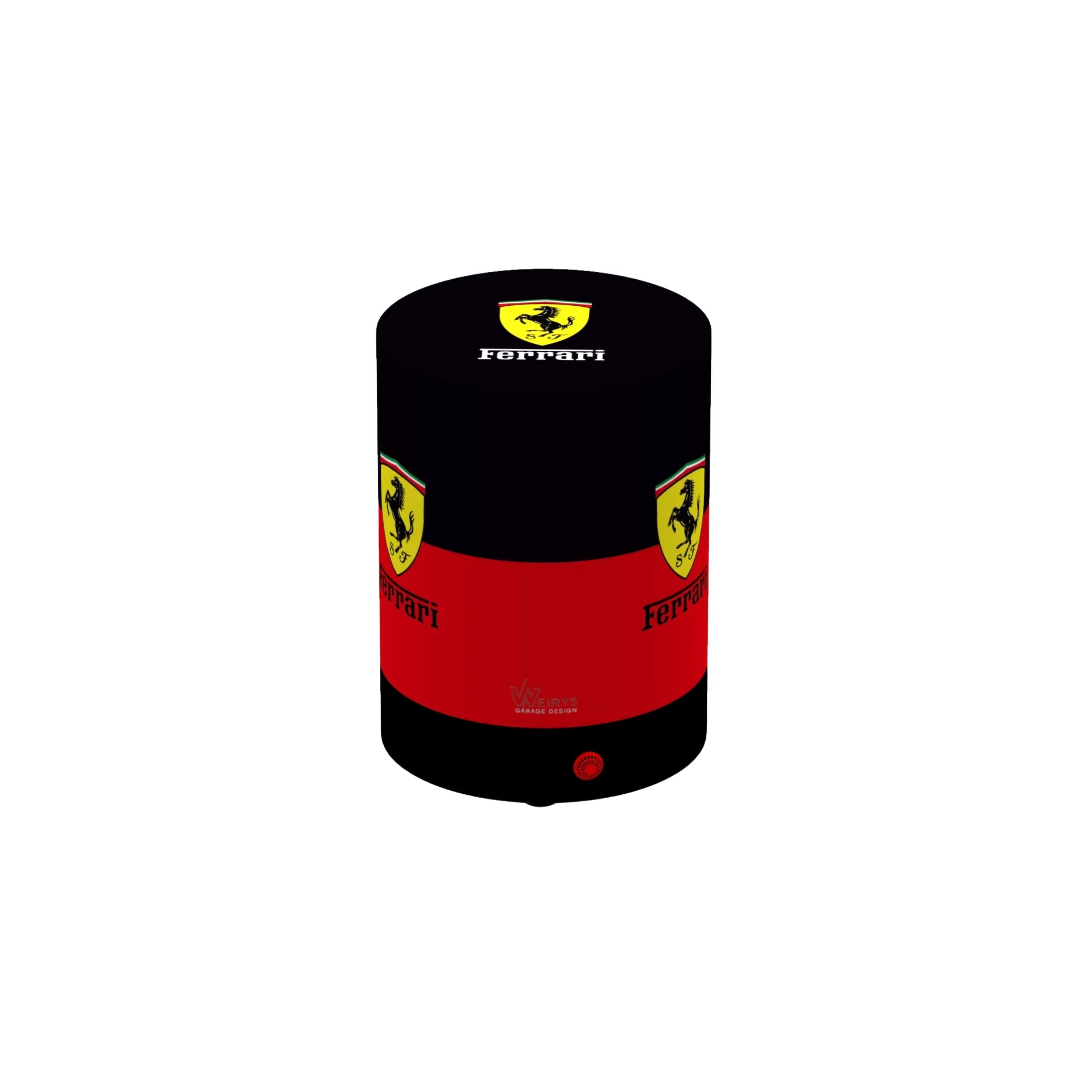 Black and red cylindrical garage stool with yellow prancing horse shield logo design