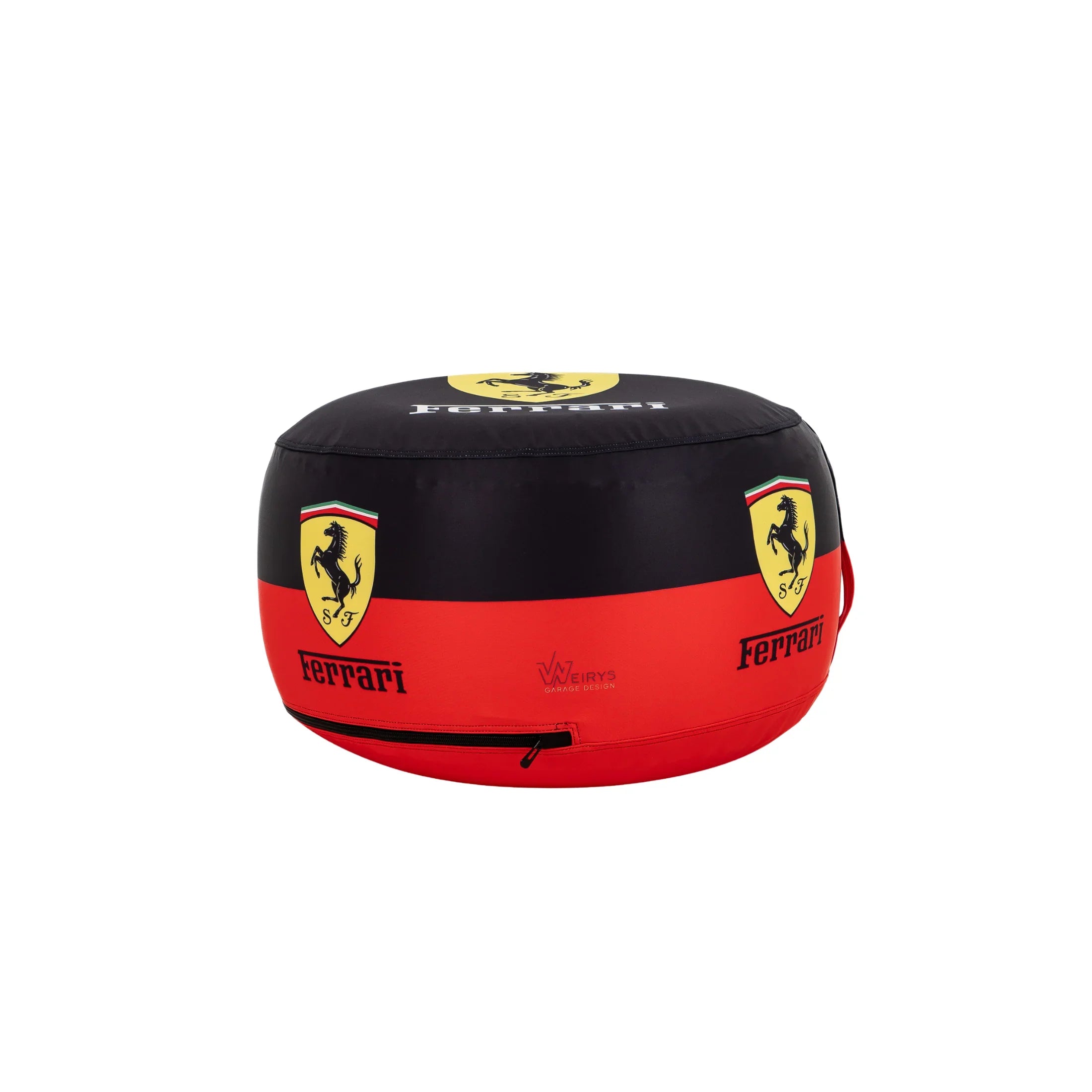 Red and black Ferrari bean bag seat with shield logo for garage or modern workspace decor