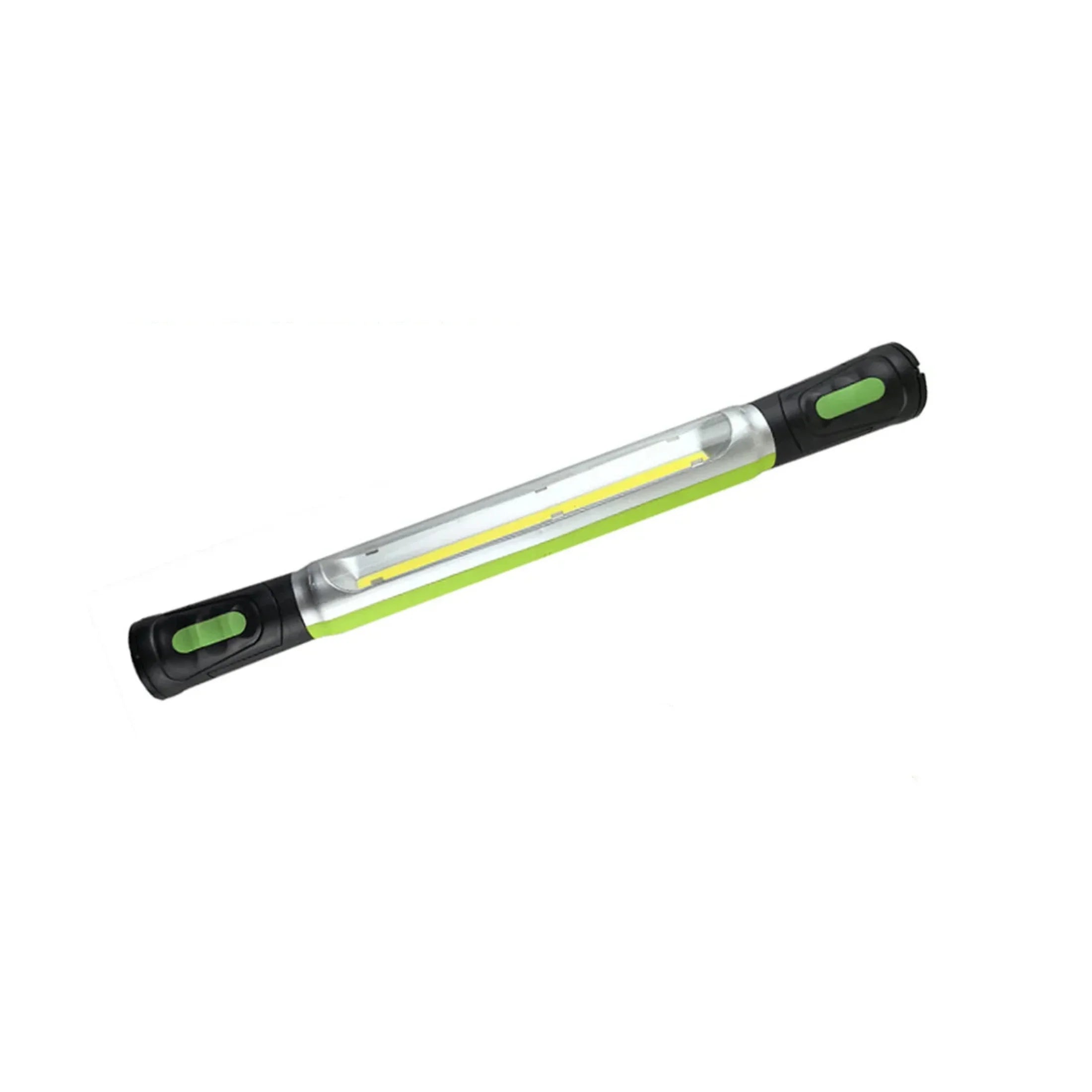 LED work light with black and green ends, portable garage lighting tool