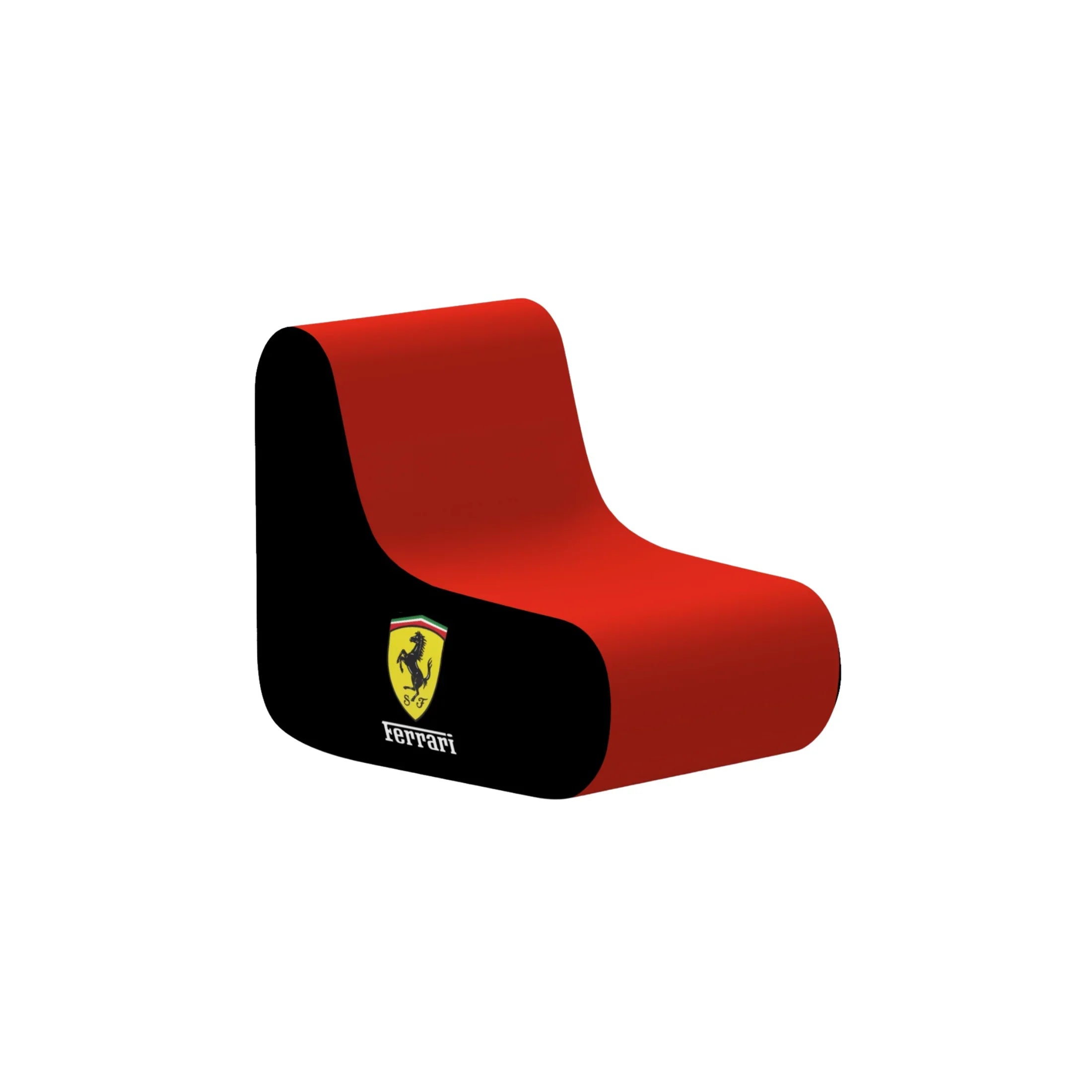 Modern red and black curved lounge chair with Ferrari logo, garage seating furniture