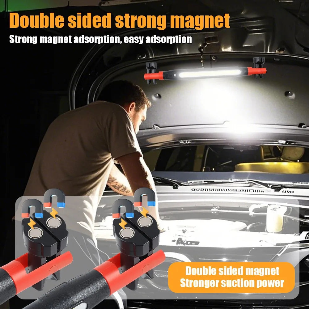 Magnetic LED garage work light attached under car hood, illuminating engine bay for repairs