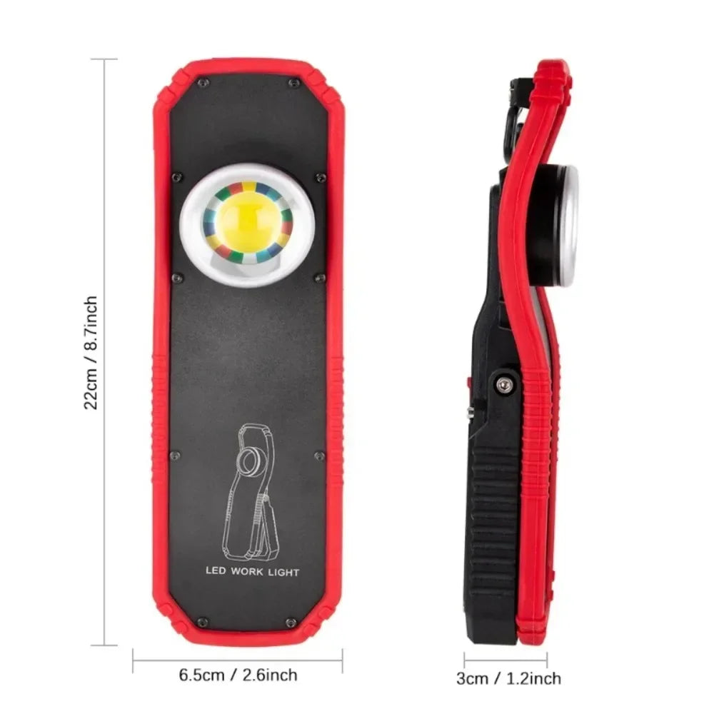 Portable LED work light with red and black casing, product dimensions shown