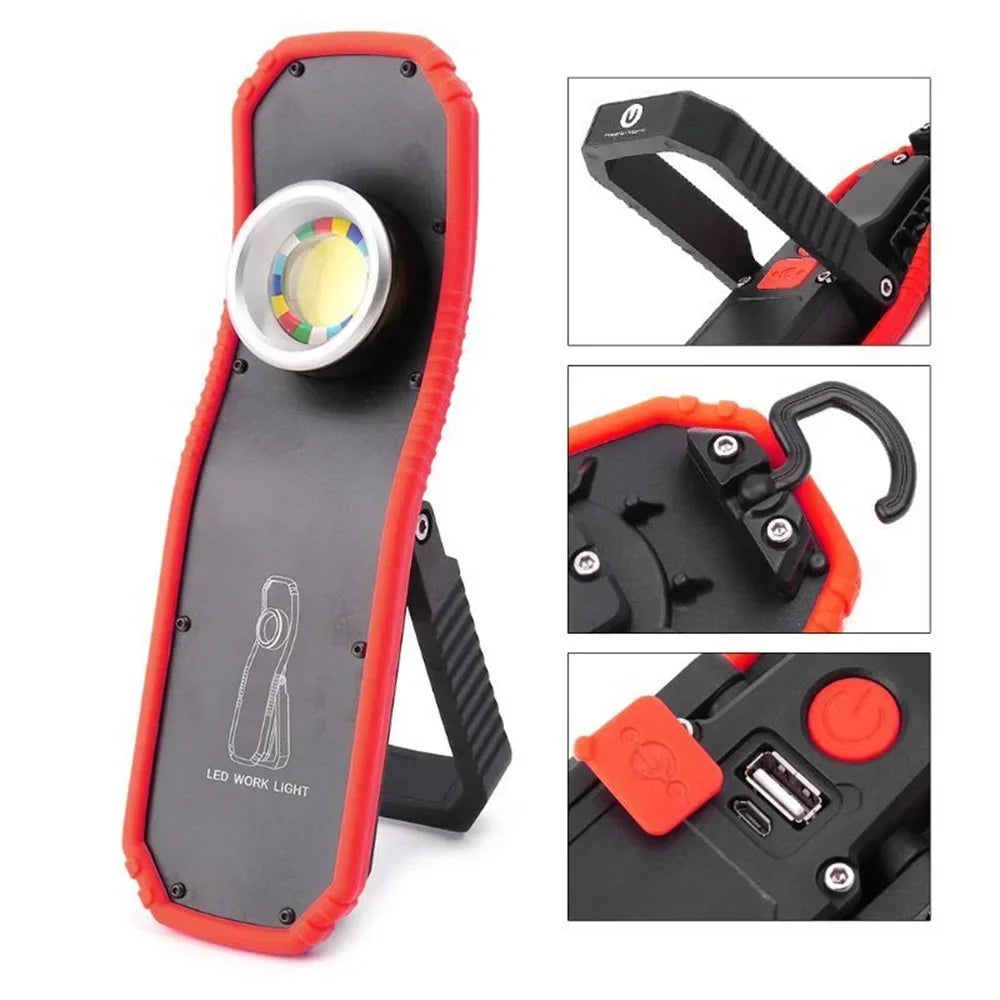 Rechargeable LED work light with stand, hook, and USB charging port for garage lighting