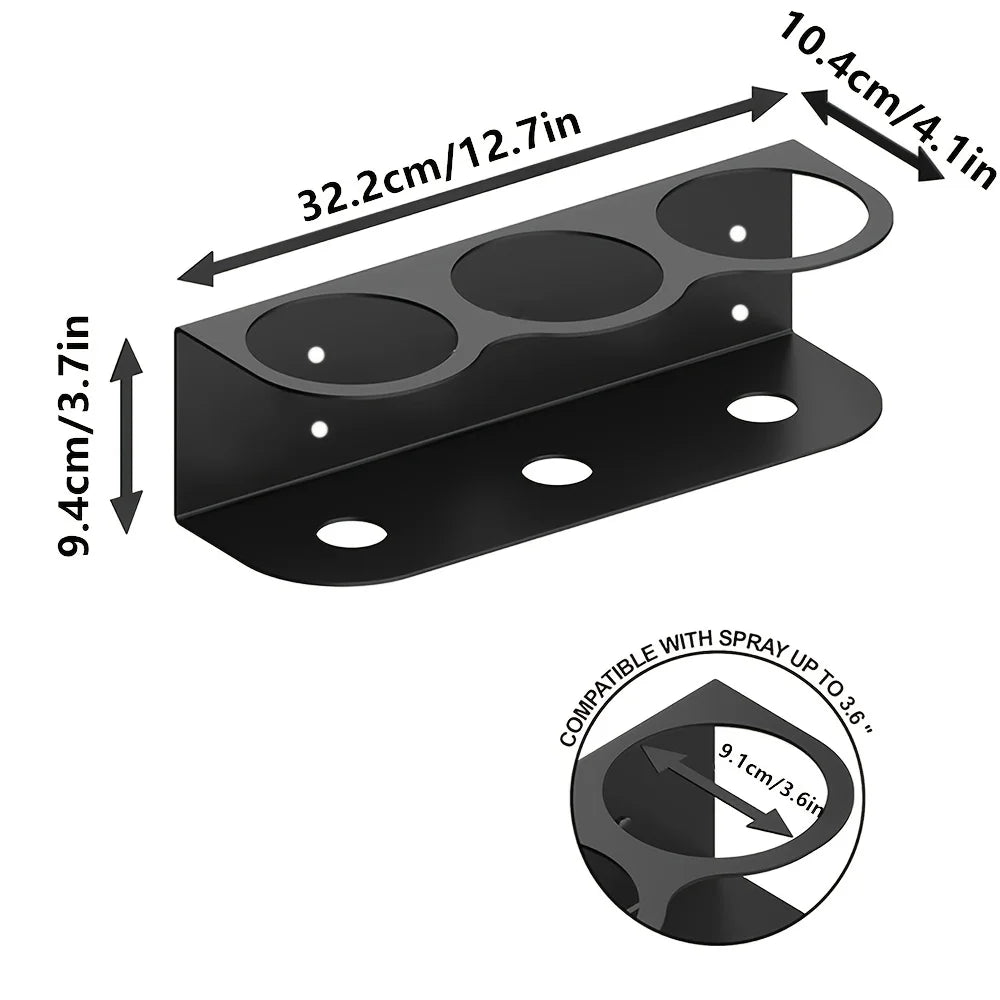 Black metal wall-mounted spray can holder rack with three circular slots and size dimensions for garage organization