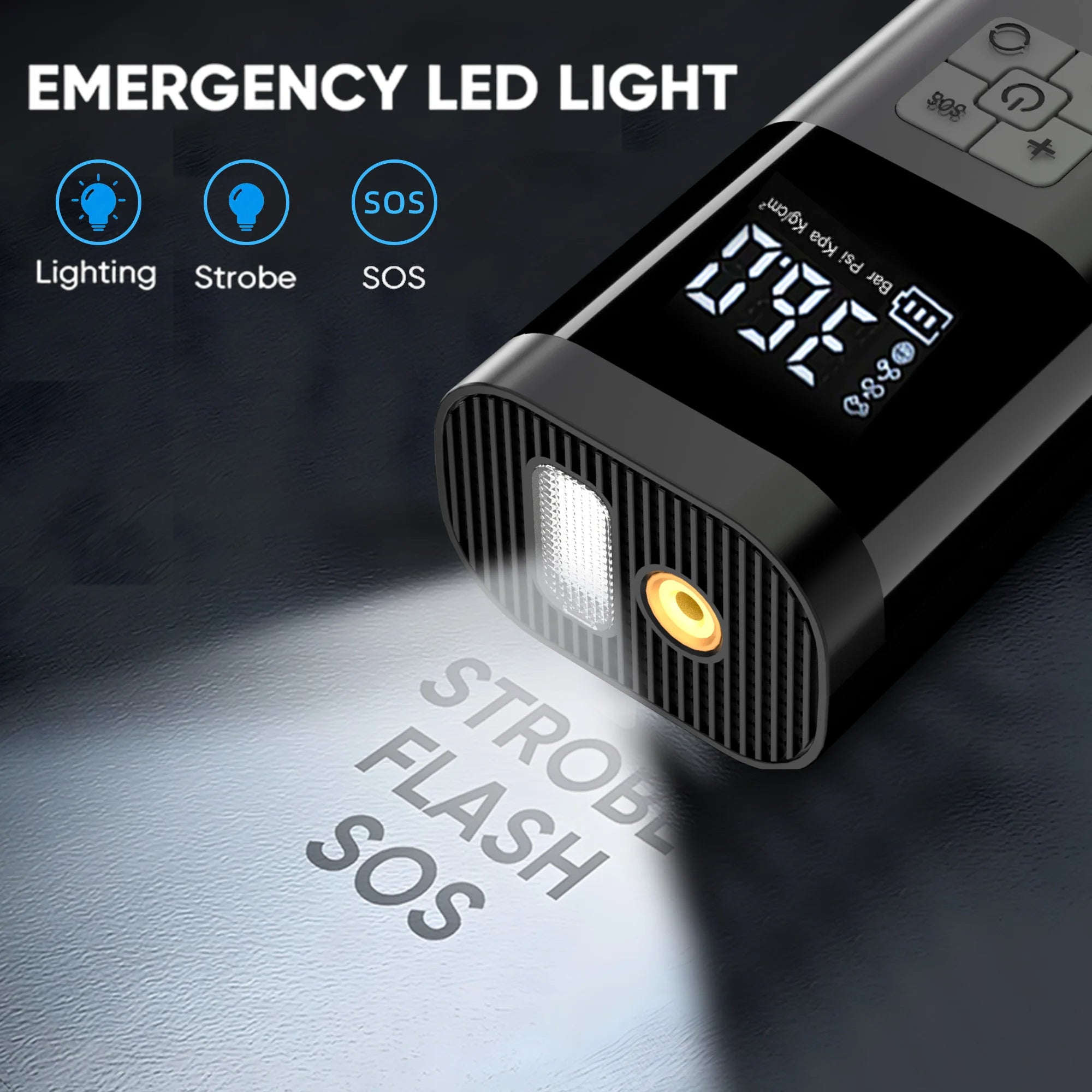 Portable emergency LED light with digital display, showing lighting, strobe, and SOS modes.