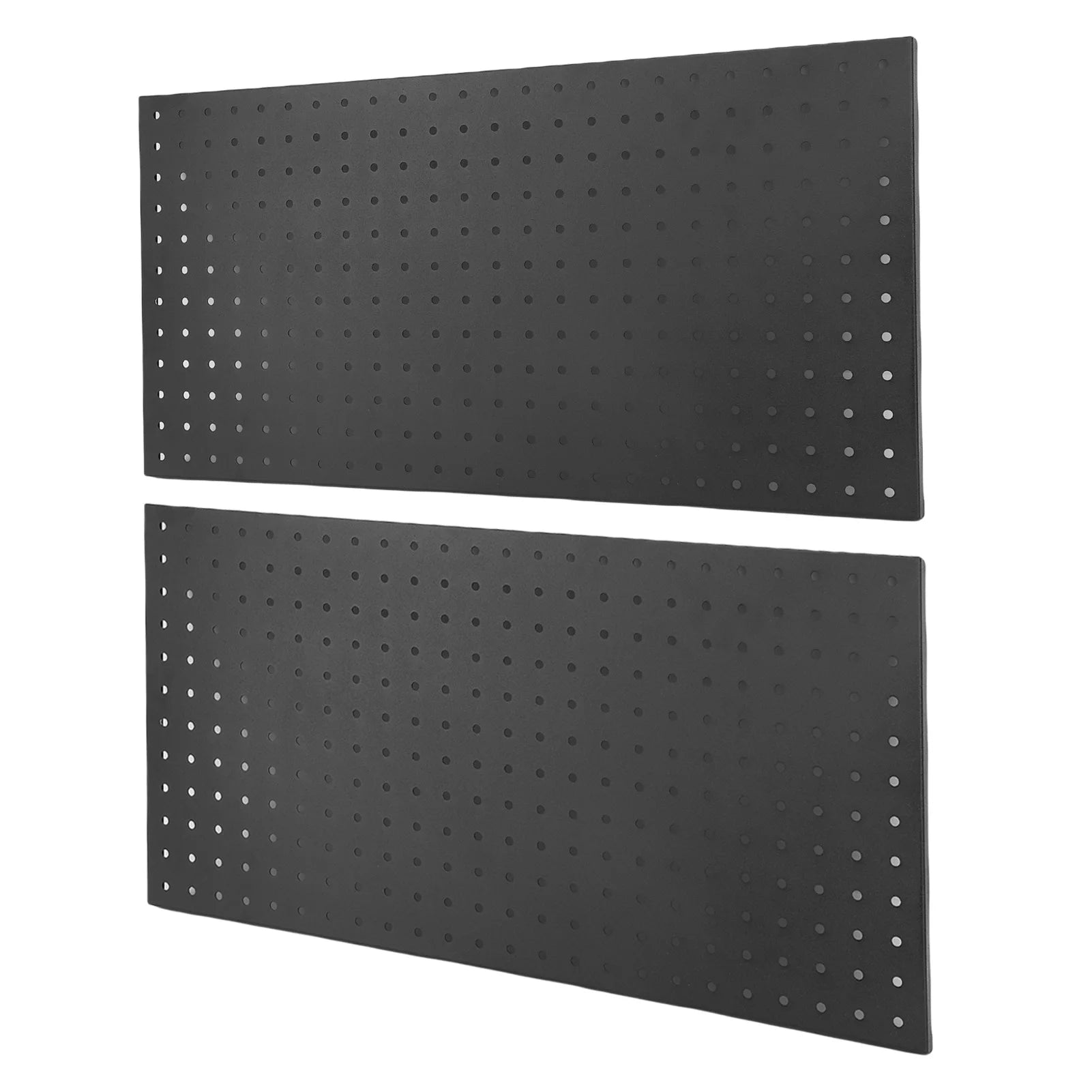 Black metal pegboard wall panels for garage tool storage and organization