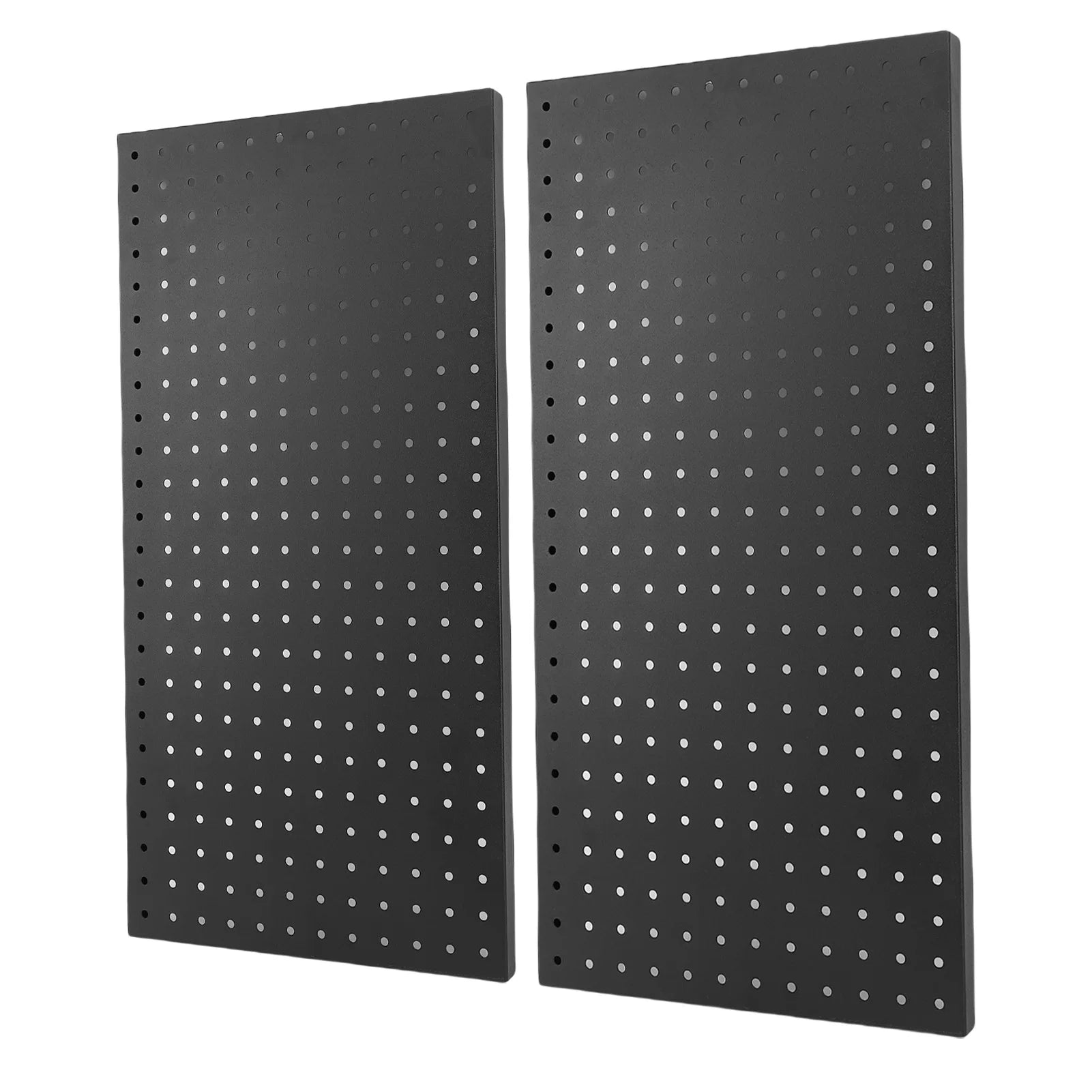 Set of two black metal pegboards for garage wall storage and tool organization