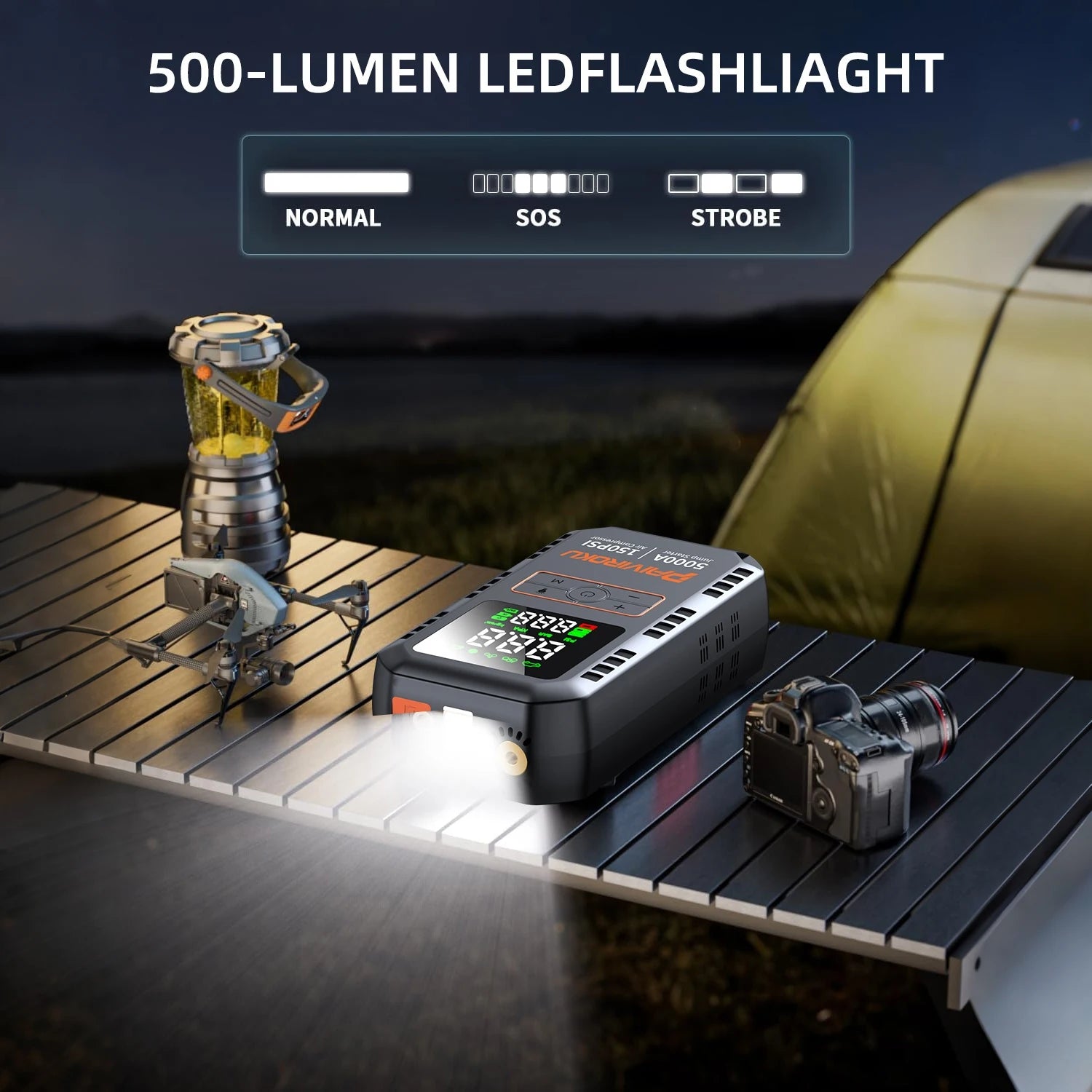 Portable power station with digital display and LED flashlight on outdoor camping table at night