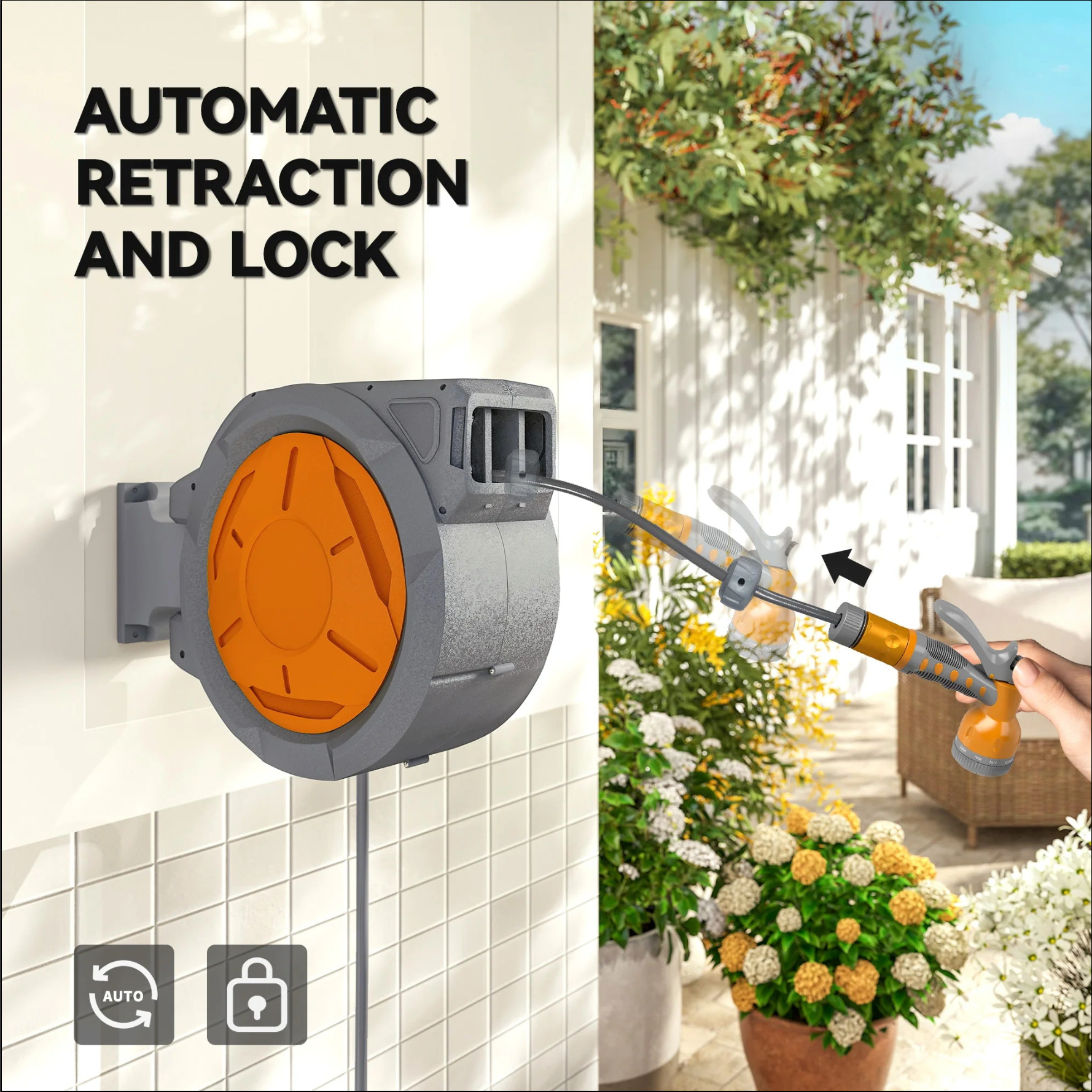 Retractable 30M Hose Reel Wall Mounted with Lock, Orange/Grey