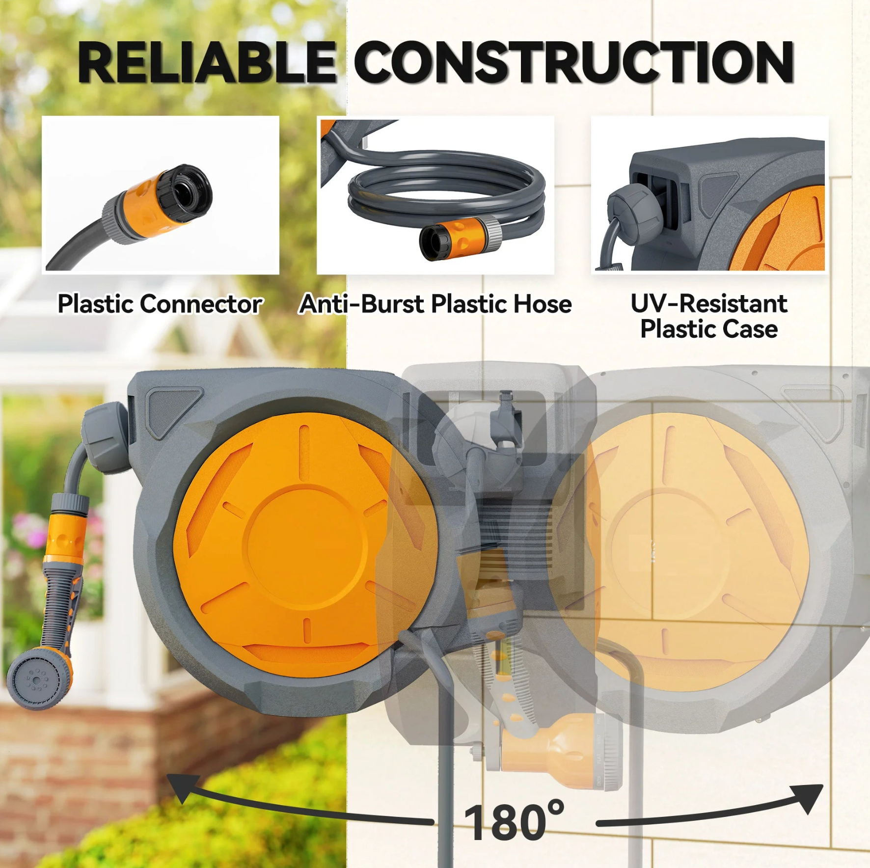 Retractable 30M Hose Reel Wall Mounted with Lock, Orange/Grey