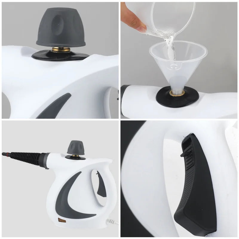 Handheld electric steam cleaner with nozzle, water filling funnel, and ergonomic handle
