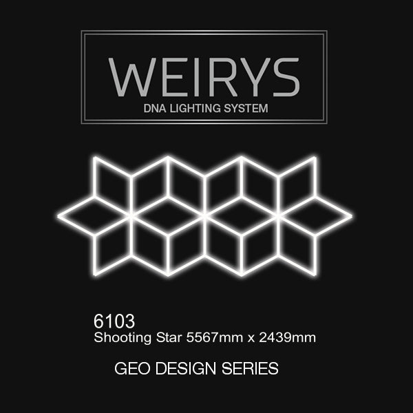 Geometric LED garage lighting system in shooting star pattern, 5567mm x 2439mm, Geo Design Series.