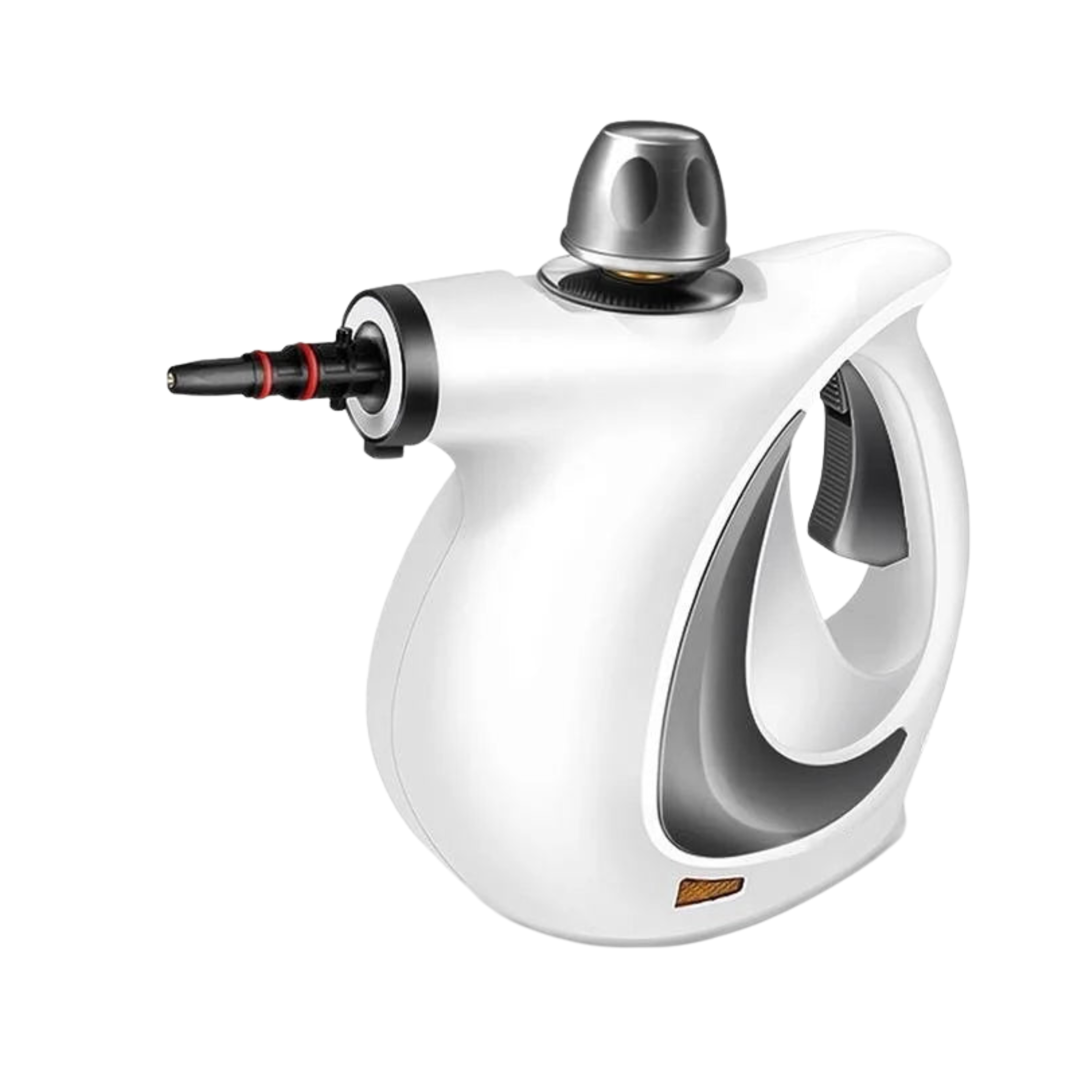 Handheld white steam cleaner with ergonomic handle and nozzle, ideal for garage cleaning tasks
