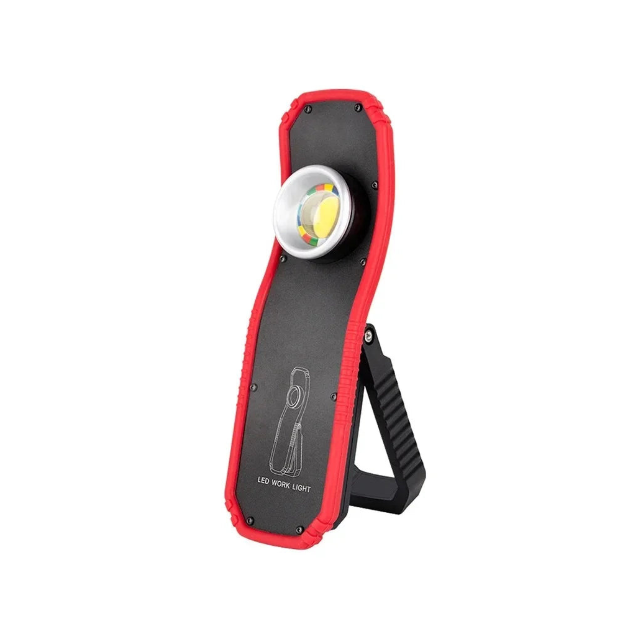 Portable LED work light with red trim and adjustable stand for garage lighting