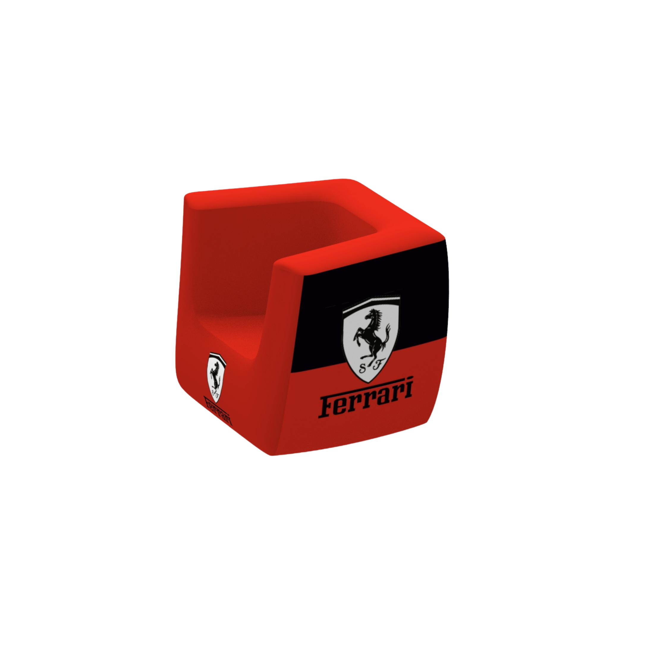 Red armchair with black panel featuring prancing horse logo and Ferrari branding