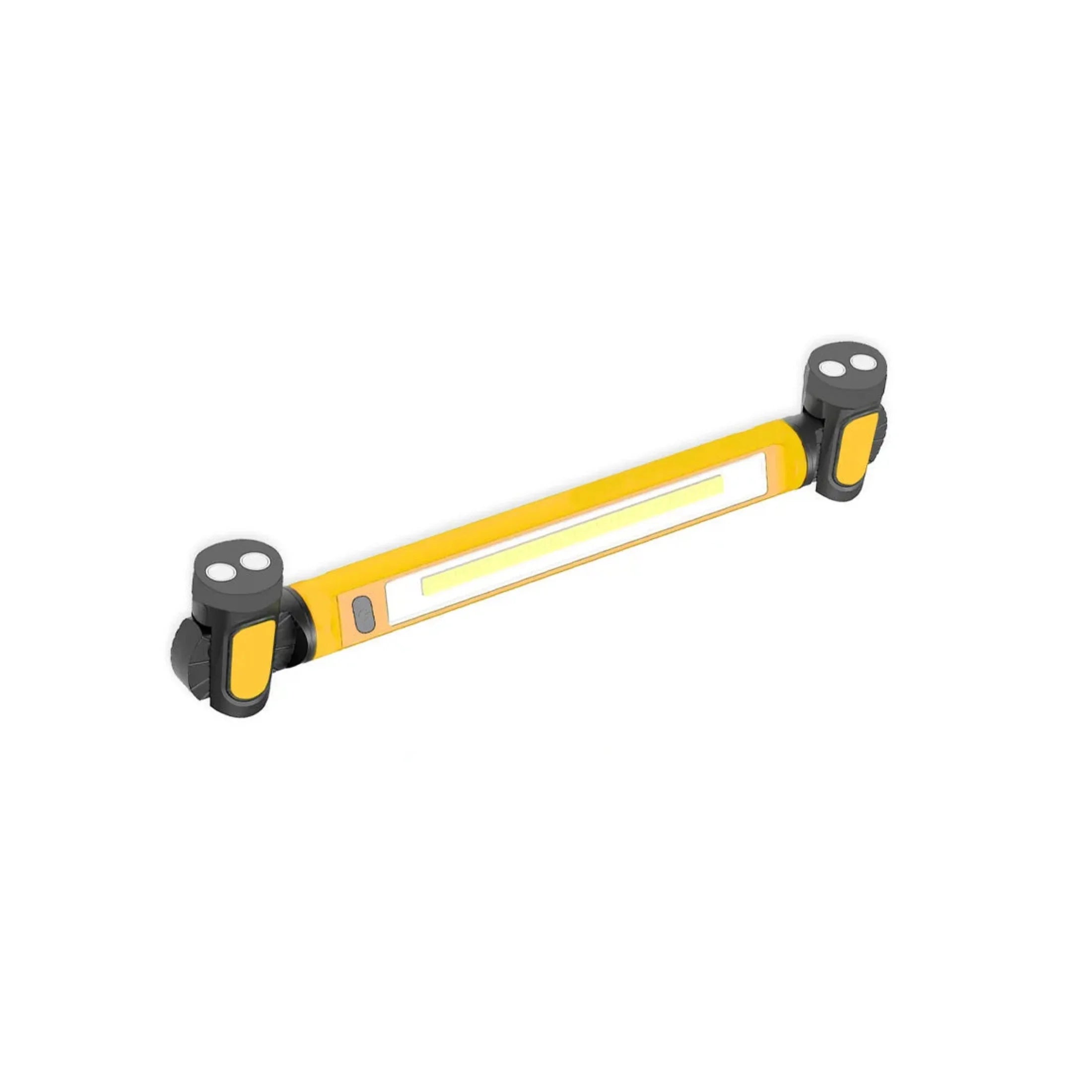Yellow LED garage work light with adjustable black end caps on white background