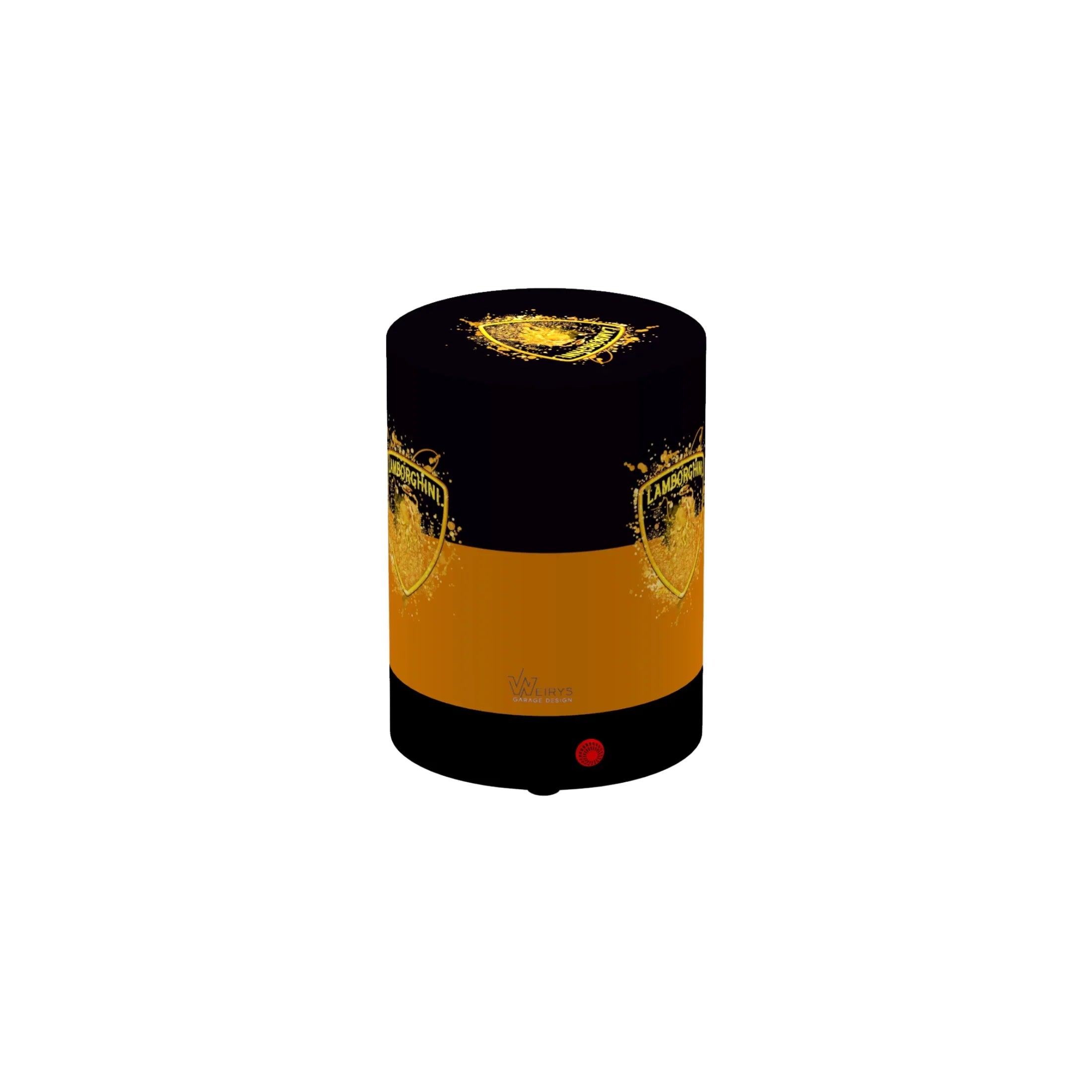 Black and gold cylindrical garage stool with automotive-themed shield logo pattern.