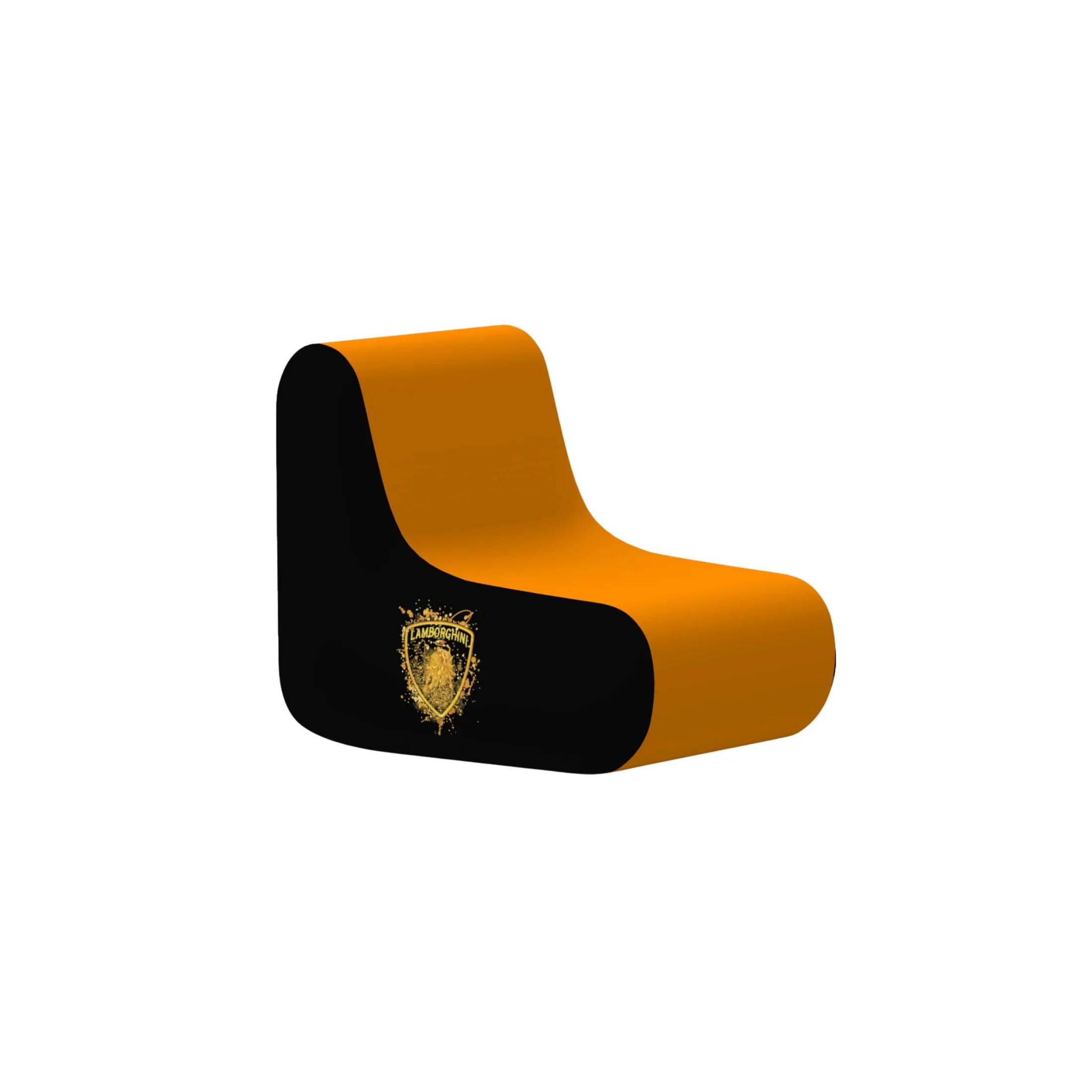 Modern orange and black lounge chair with logo, ideal for garage seating or workspace decor