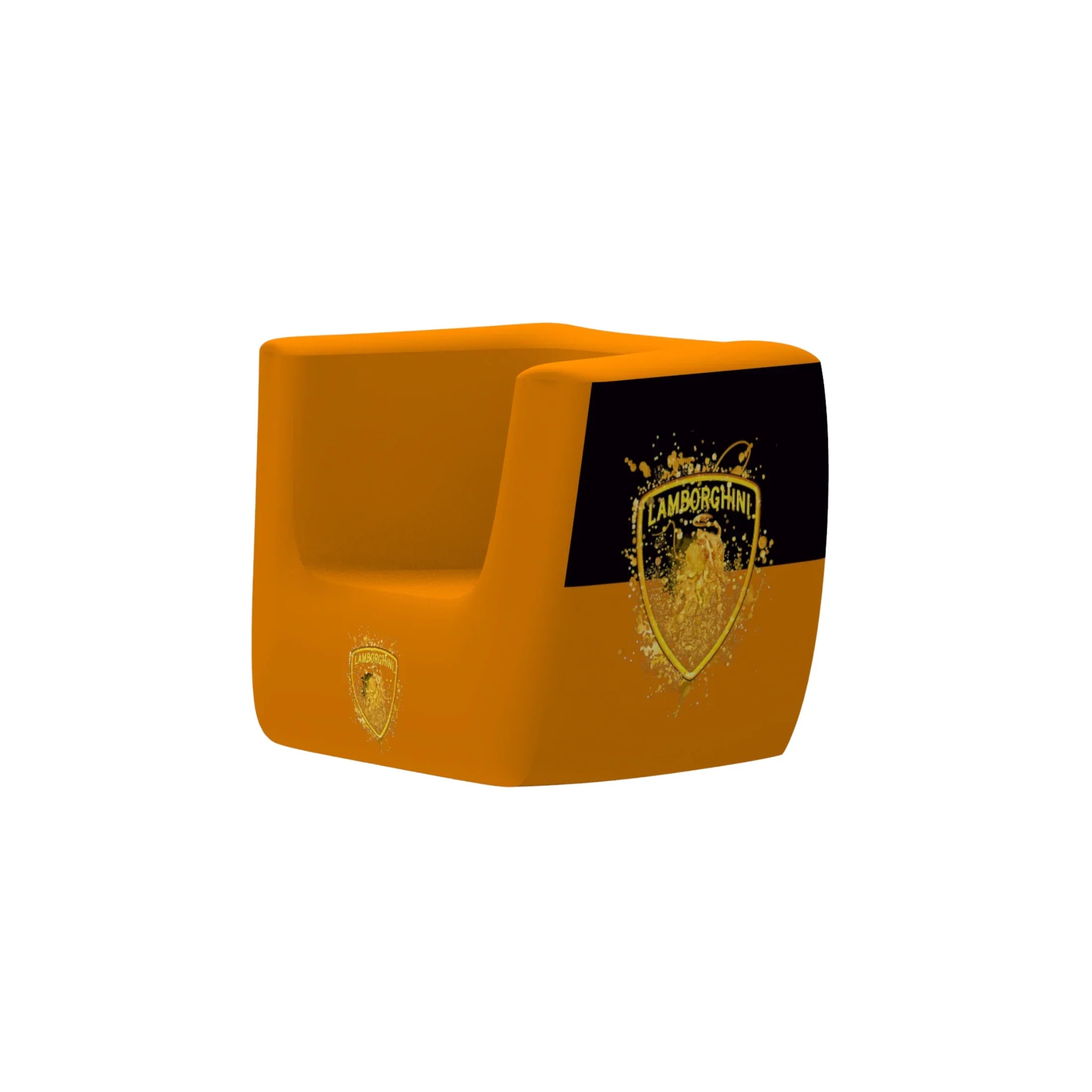 Orange modern armchair with black accent and gold shield emblem, isolated on white background