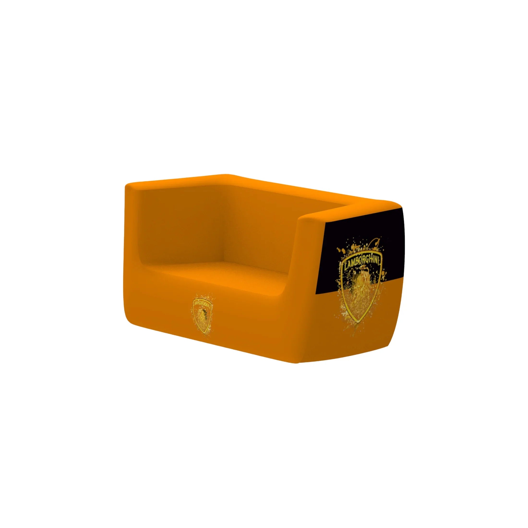 Yellow modern garage lounge chair with Lamborghini logo and black accent panel