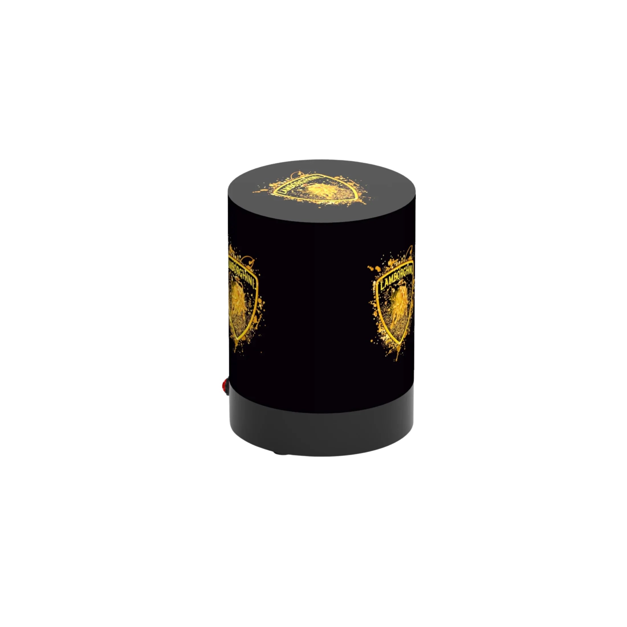 Black cylindrical garage stool with gold shield graphic, workshop seating accessory
