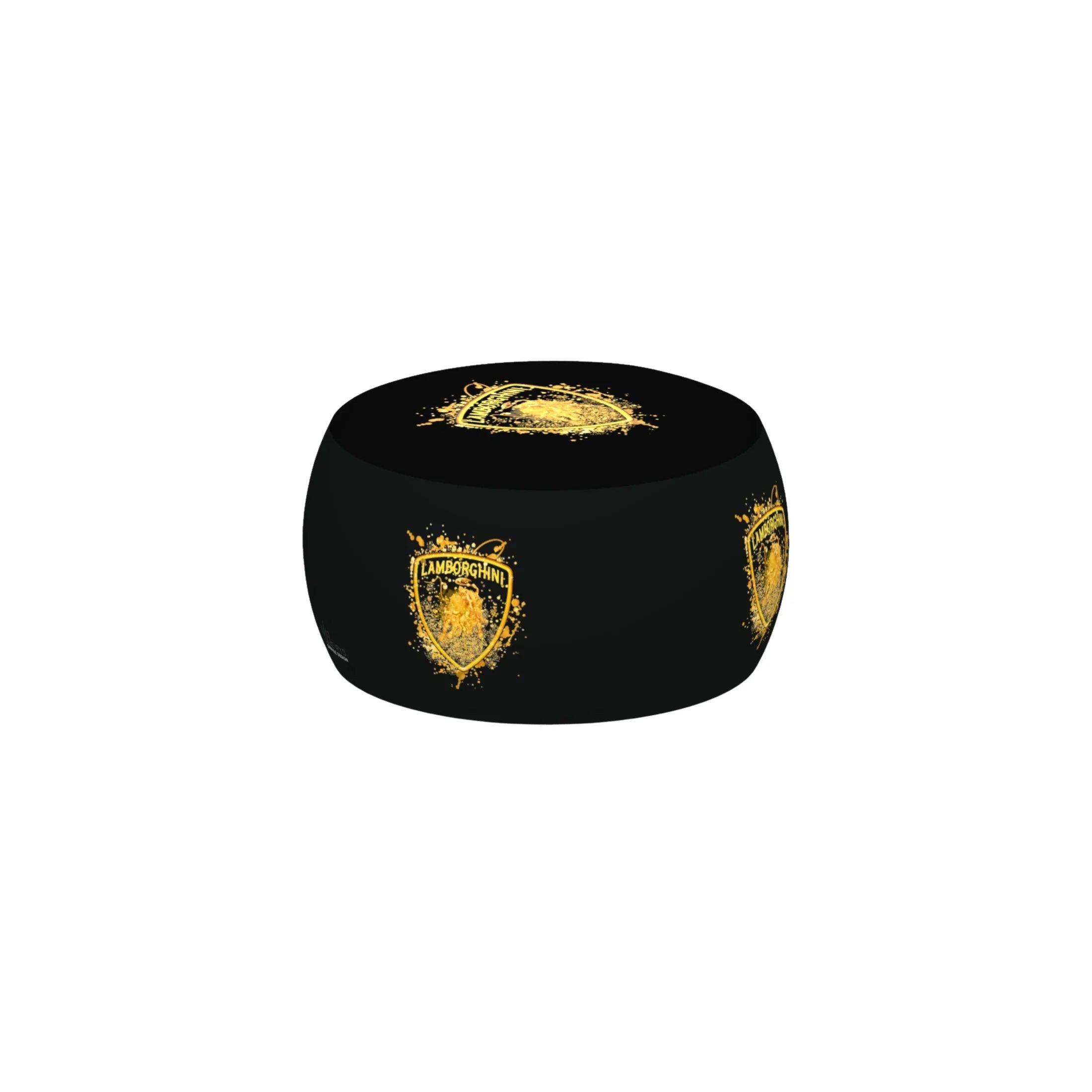Black round ottoman with yellow sports car emblem and splash design, garage decor