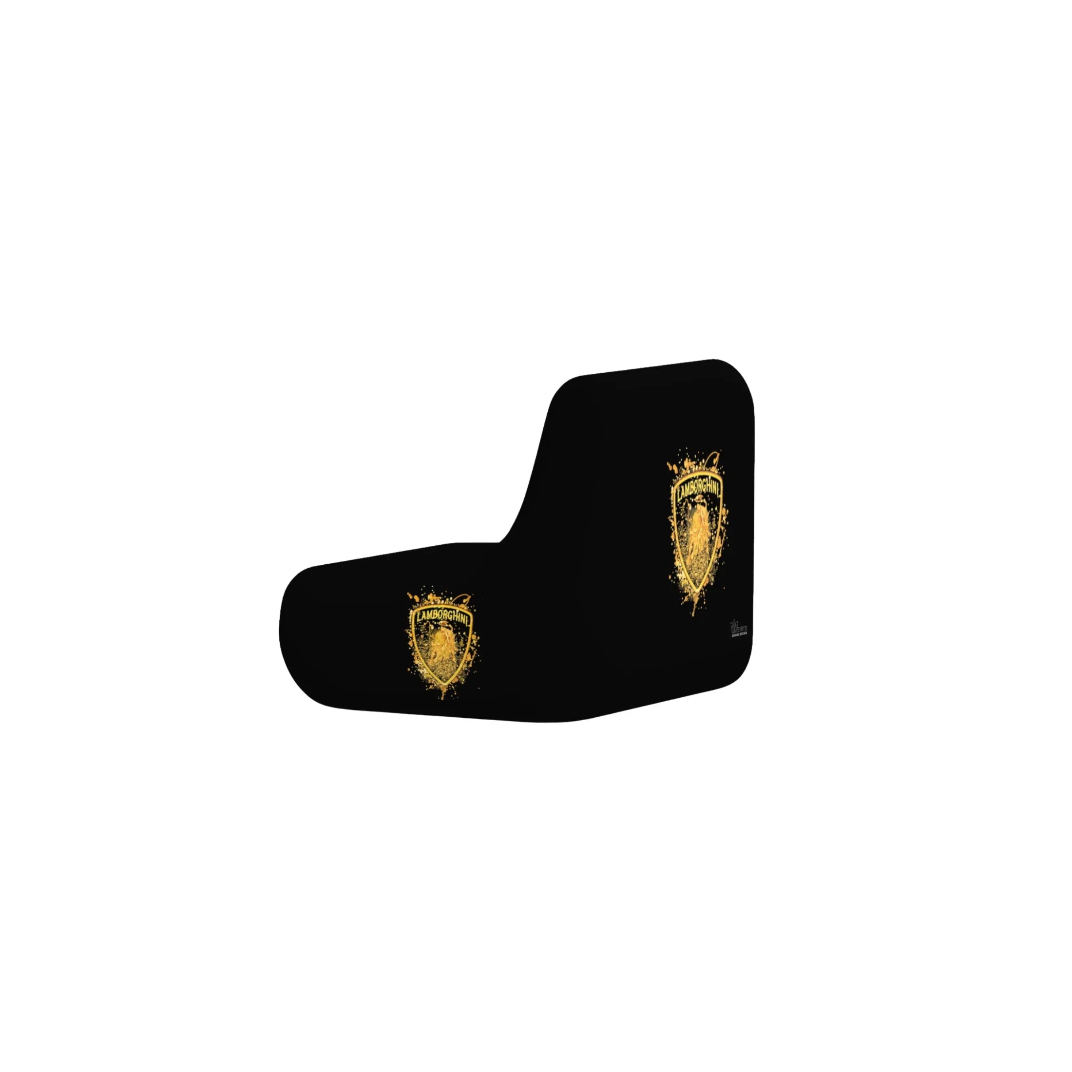 Black garage seat cover with gold shield logo and cornered backrest design