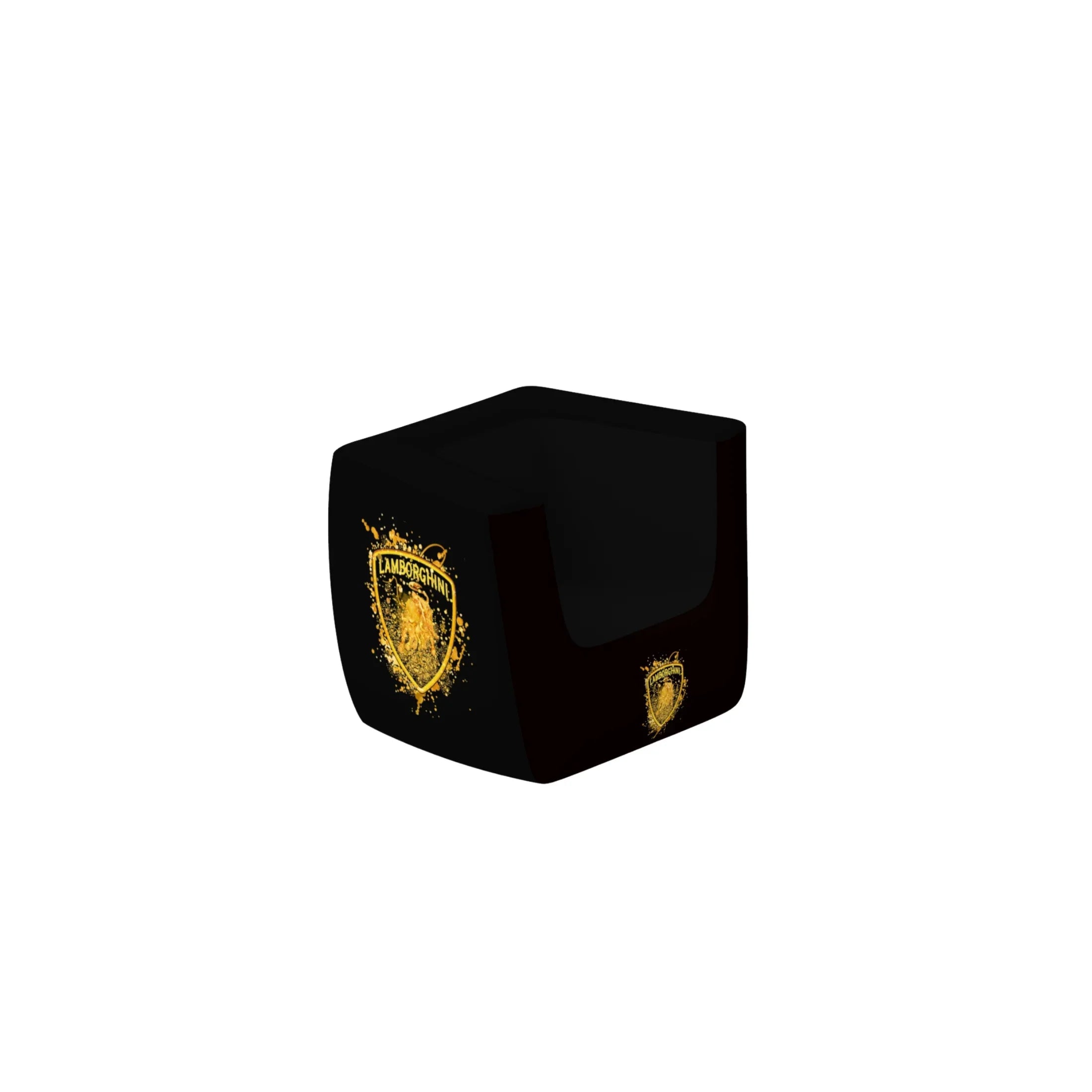Black storage cube with gold Lamborghini logo, modern garage accessory