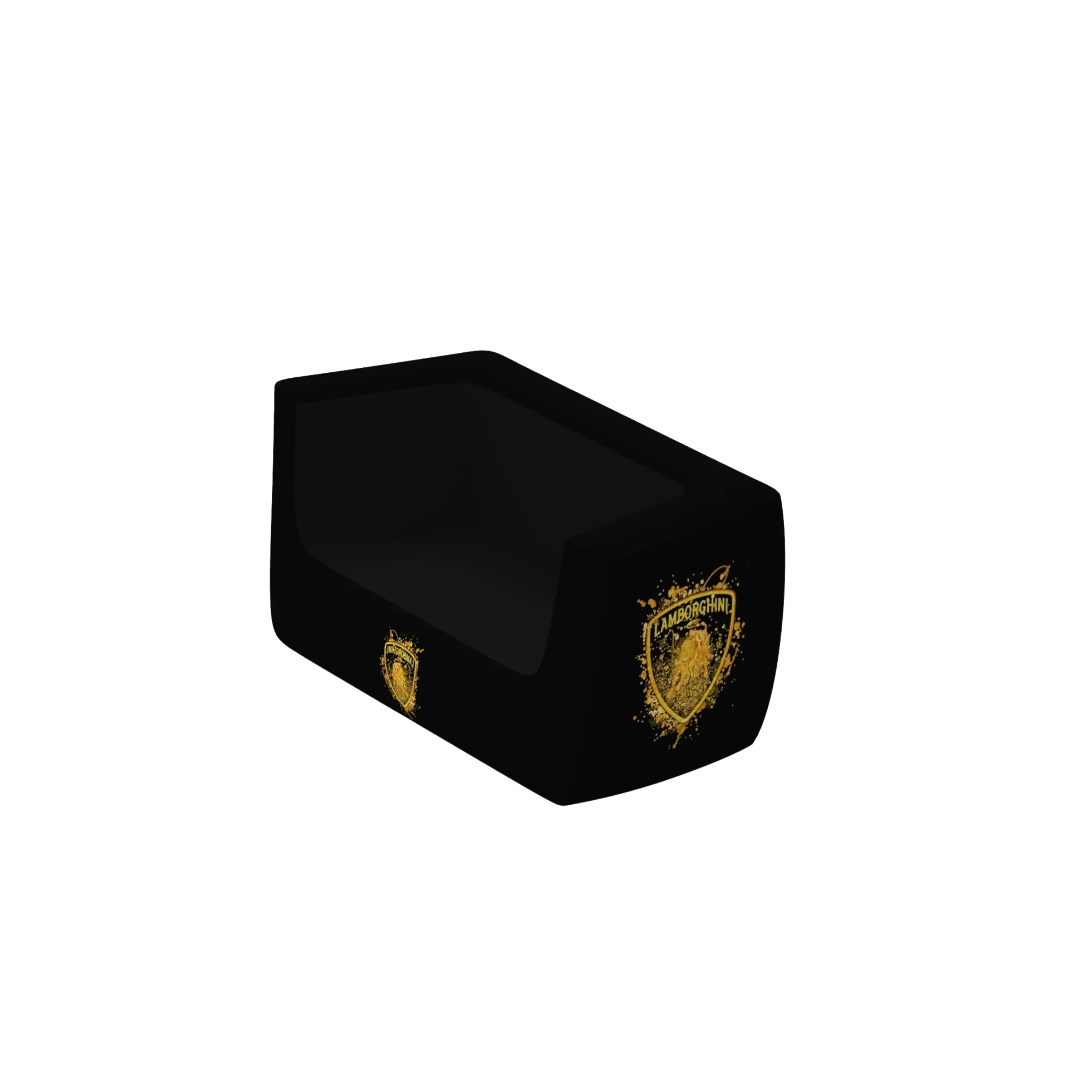 Black rectangular garage storage bin with yellow shield graphic, suitable for workshop organization