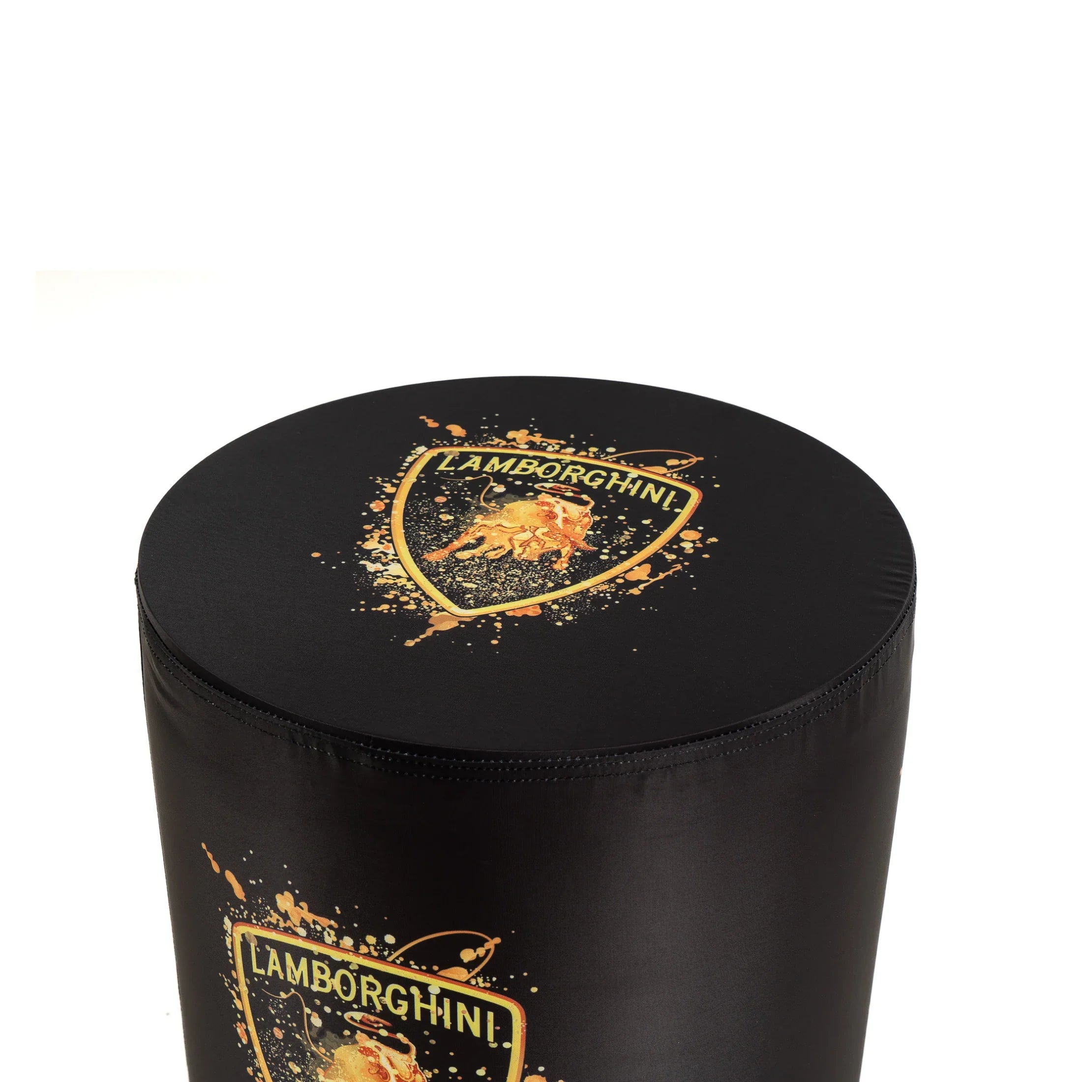 Round black garage stool with Lamborghini logo and yellow splash design on top