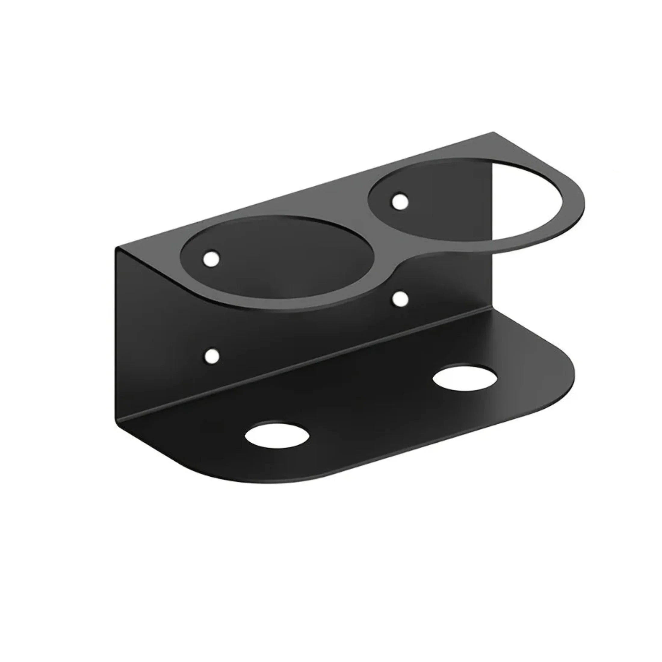 Black metal wall-mounted garage storage bracket with circular cutouts for organizing tools