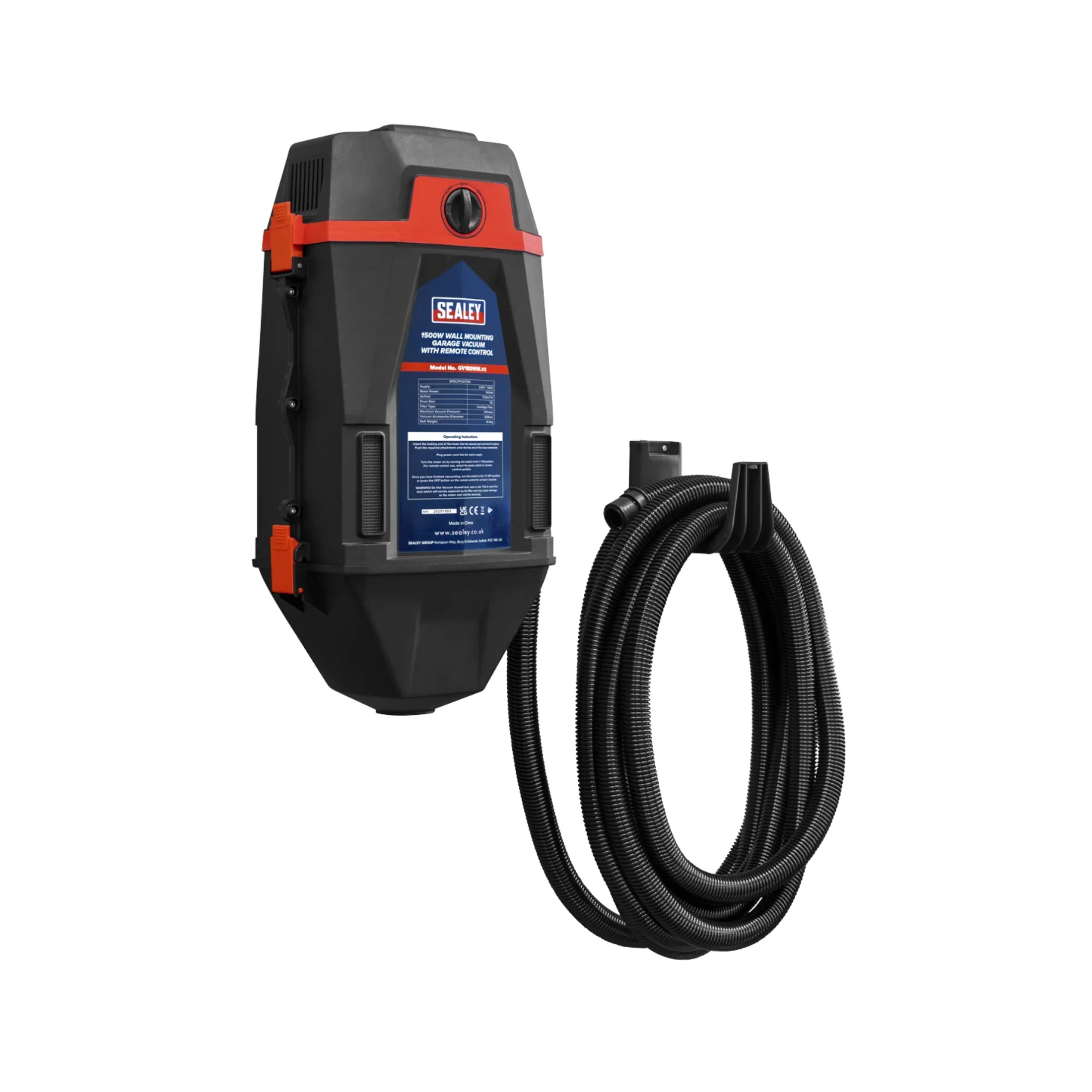 Wall-mounted garage vacuum cleaner with hose for workshop cleaning