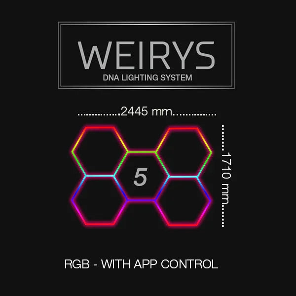 RGB garage hexagon lighting system with five panels, app control, 2445 mm by 1710 mm