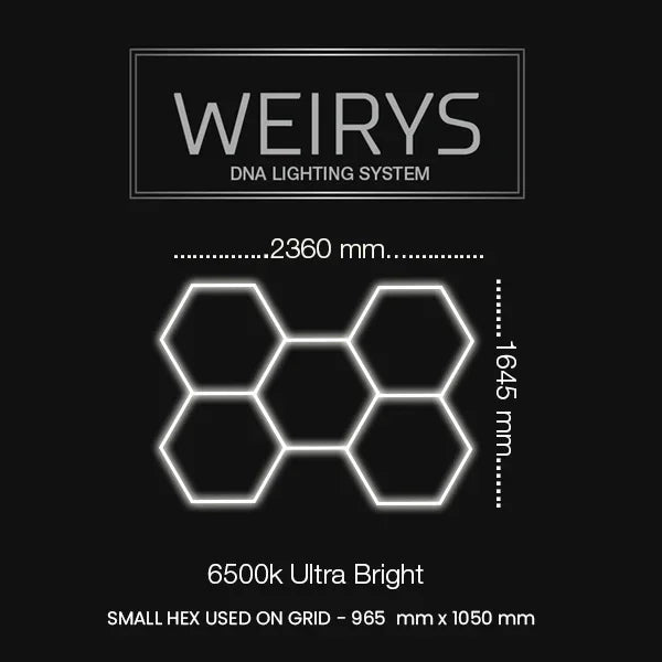 Hexagonal LED garage lighting grid system with 6500k ultra bright specification diagram.