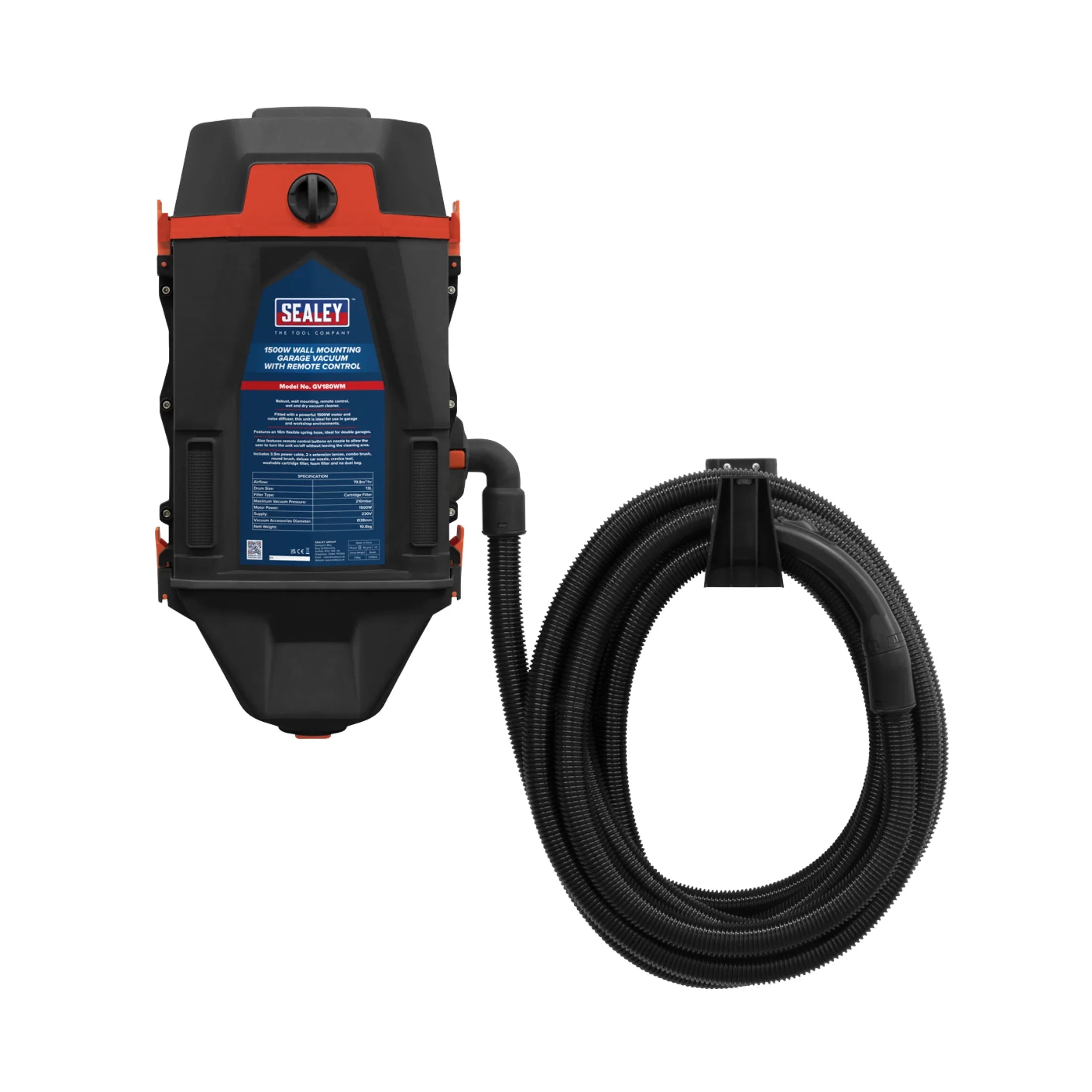Wall-mounted garage vacuum cleaner with long flexible hose for workshop or garage cleaning