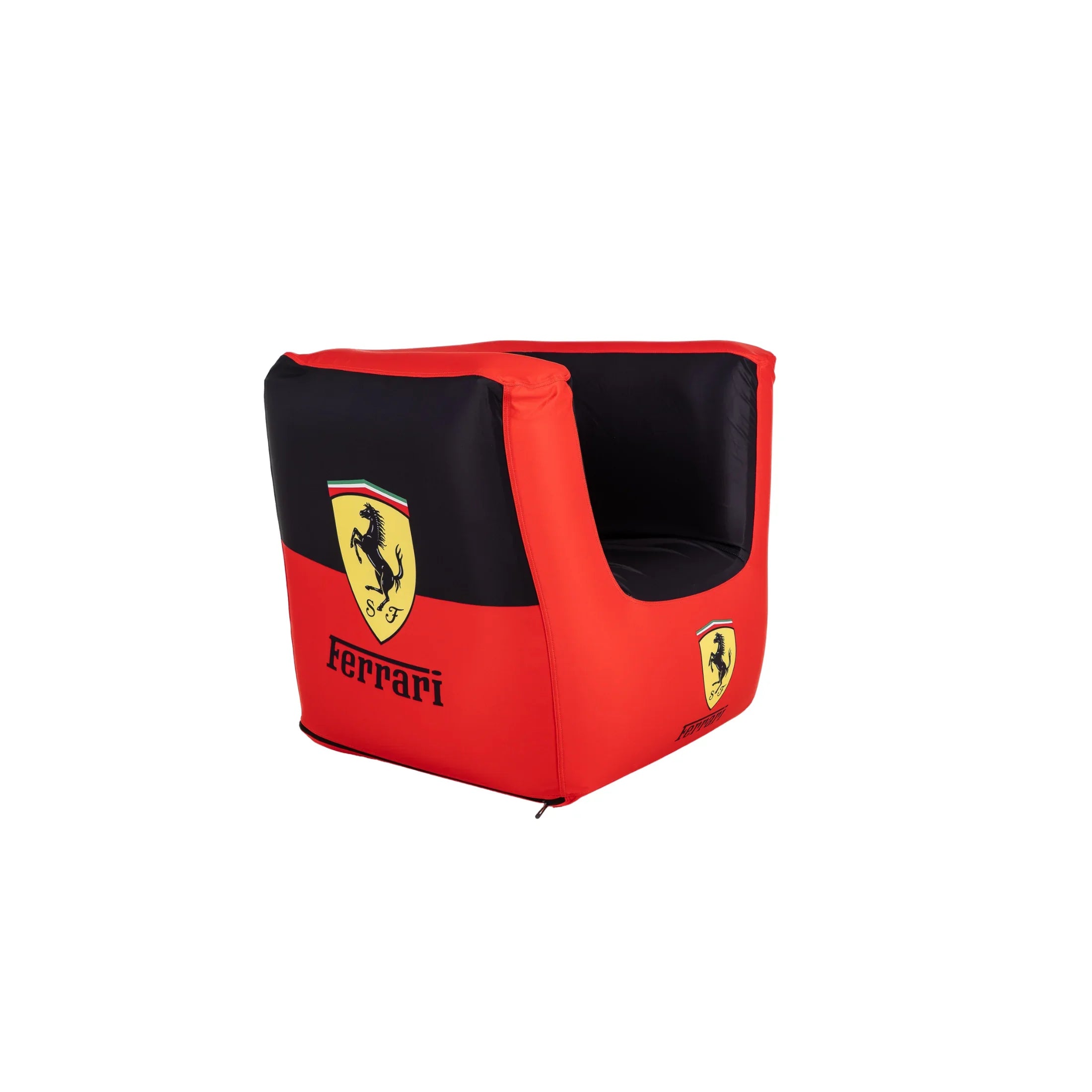 Red and black cube-shaped armchair with Ferrari logo, modern garage seating furniture