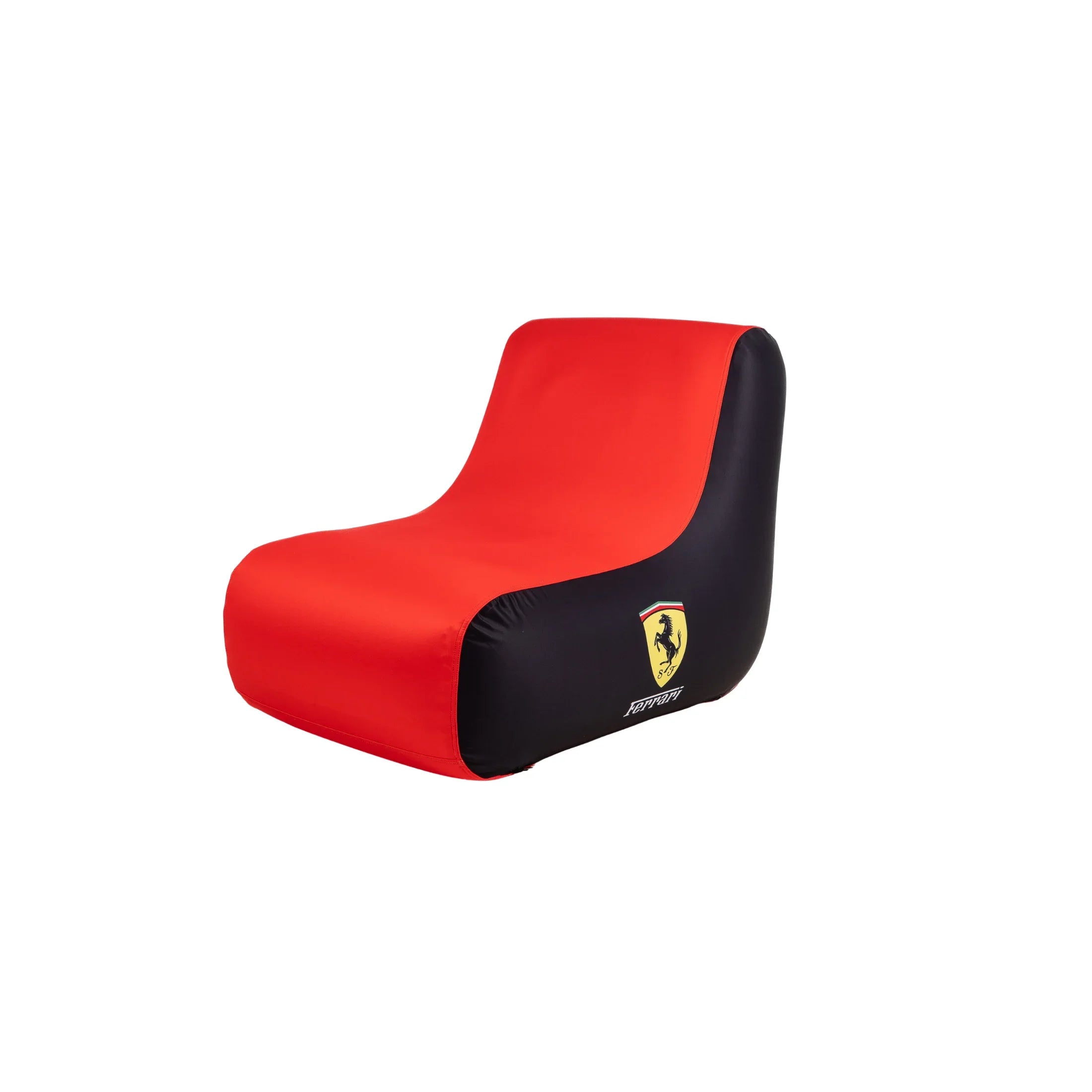 Red and black lounge chair with racing logo, modern seating for garage or workspace