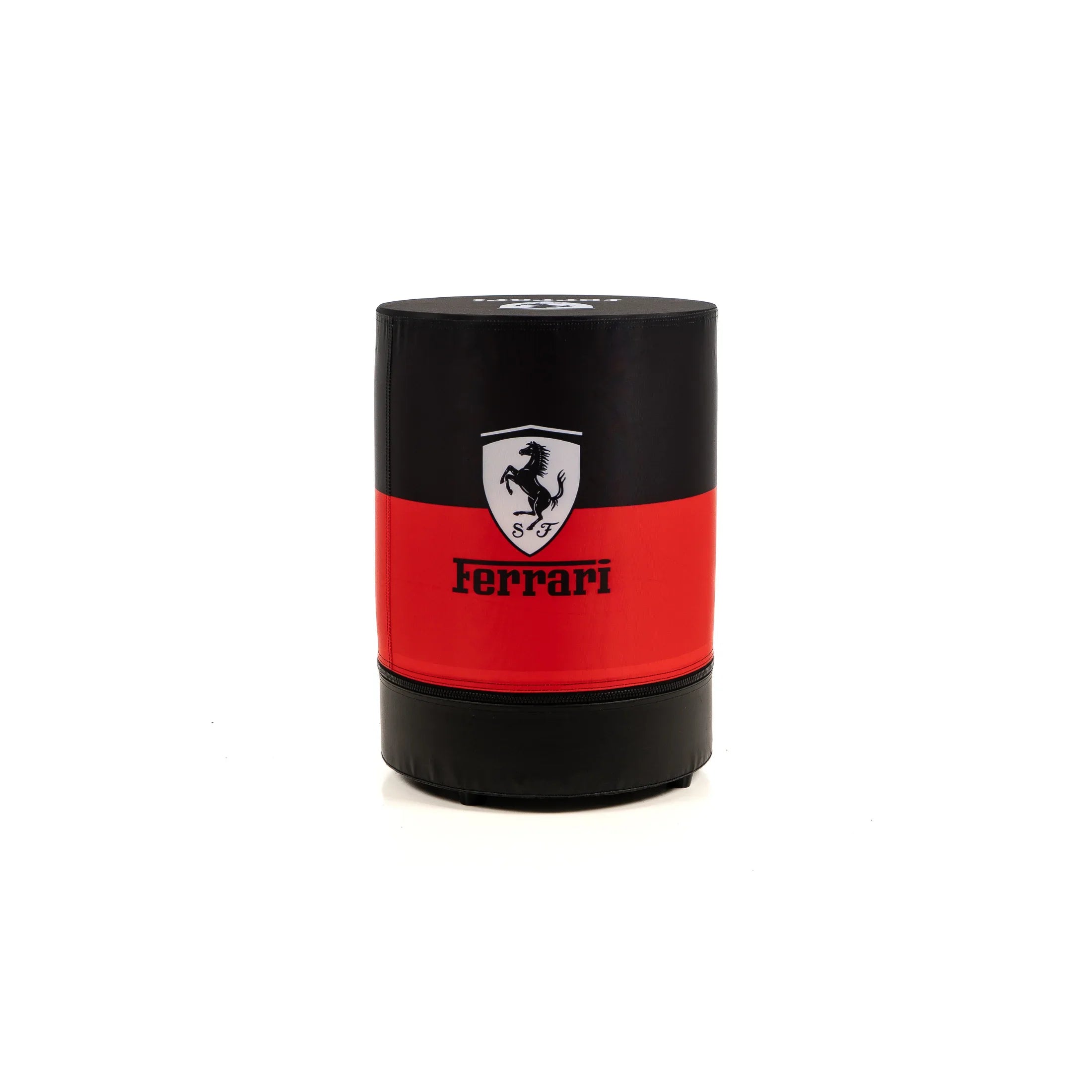Black and red garage storage ottoman with Ferrari logo, ideal for workshop seating or organization